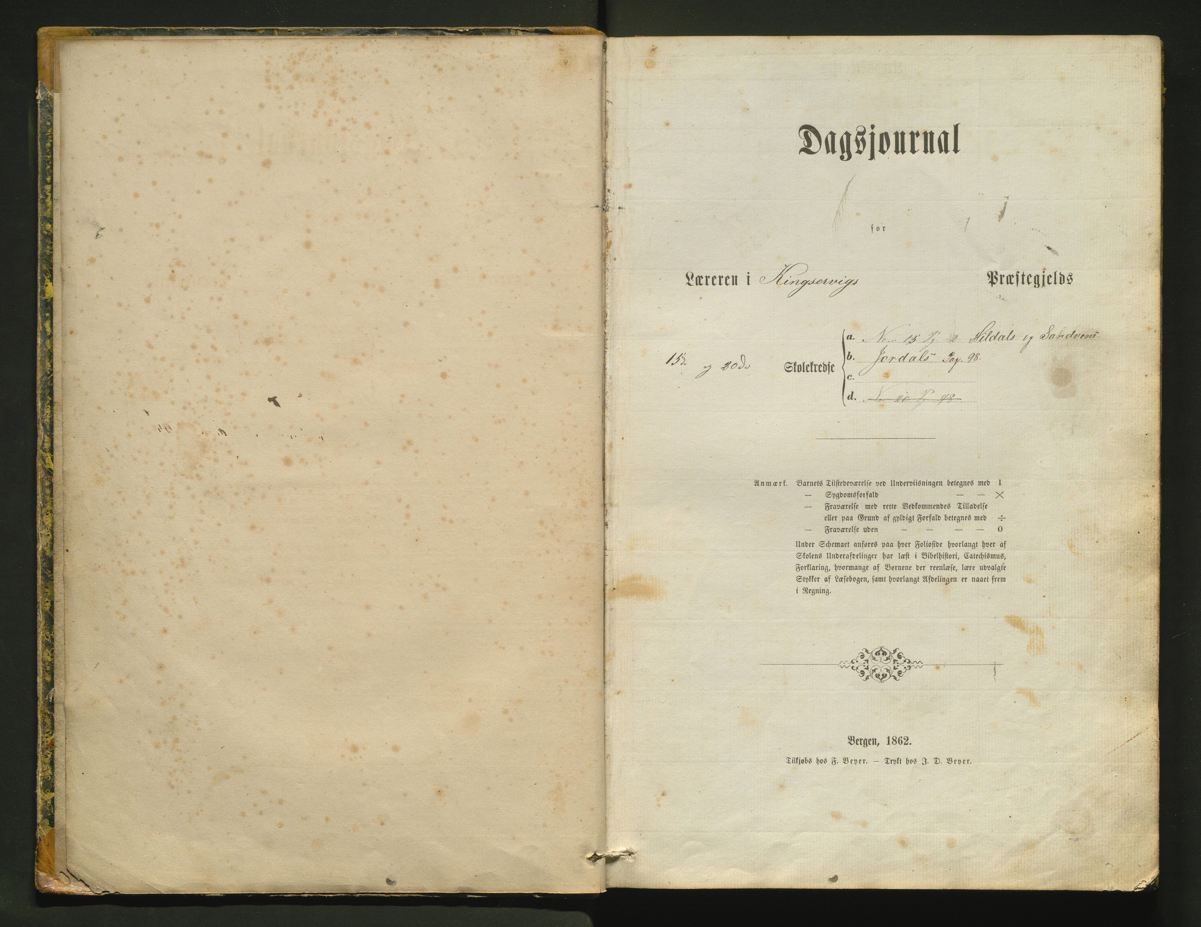 Odda kommune. Barneskulane , IKAH/1228-231/G/Ge/L0001: Dagsjournal med karakterar for læraren i Kinsarvik prestegjeld. Hildal, Sandven og Jordal krinsar i Odda sokn, 1864-1875