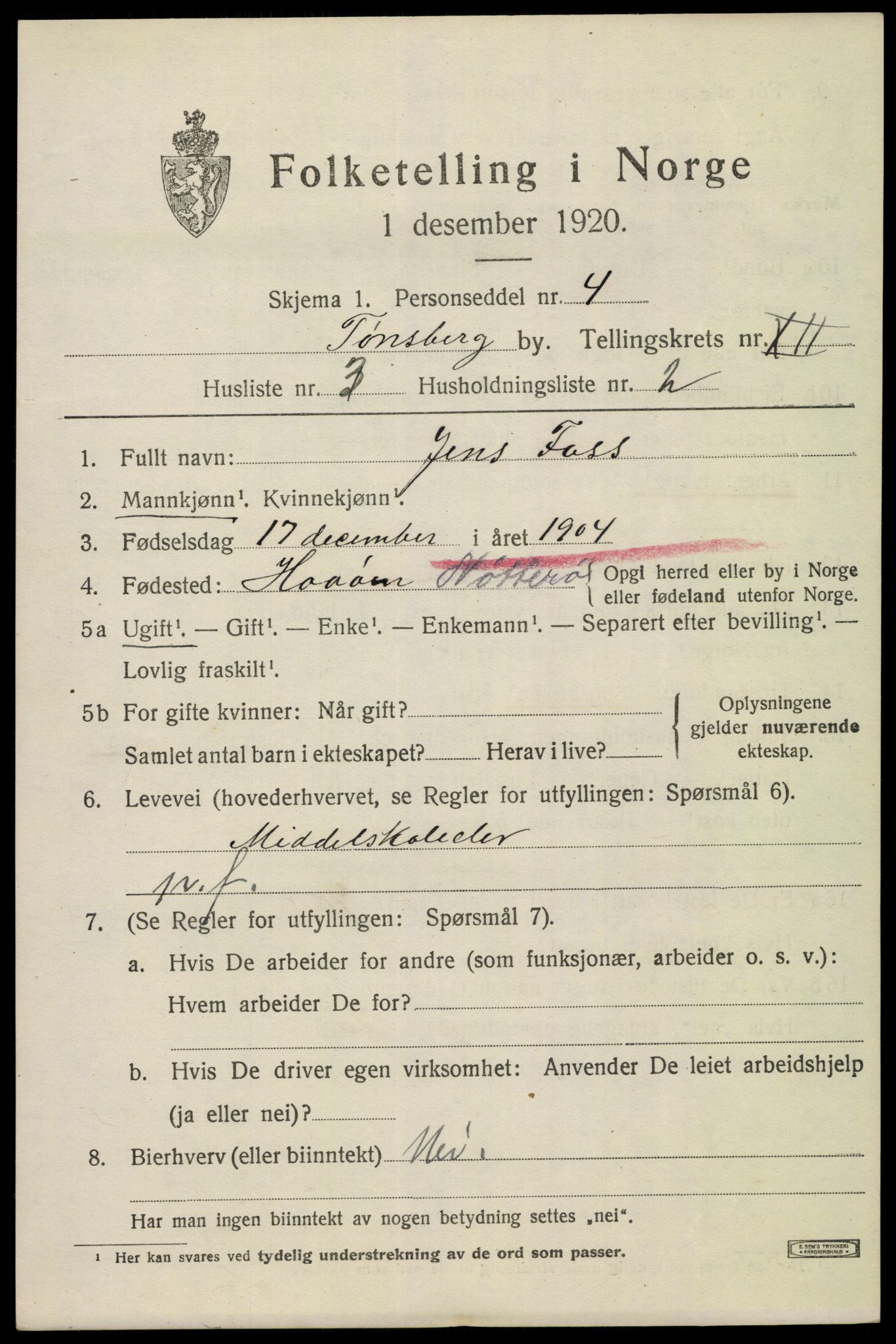 SAKO, 1920 census for Tønsberg, 1920, p. 20025