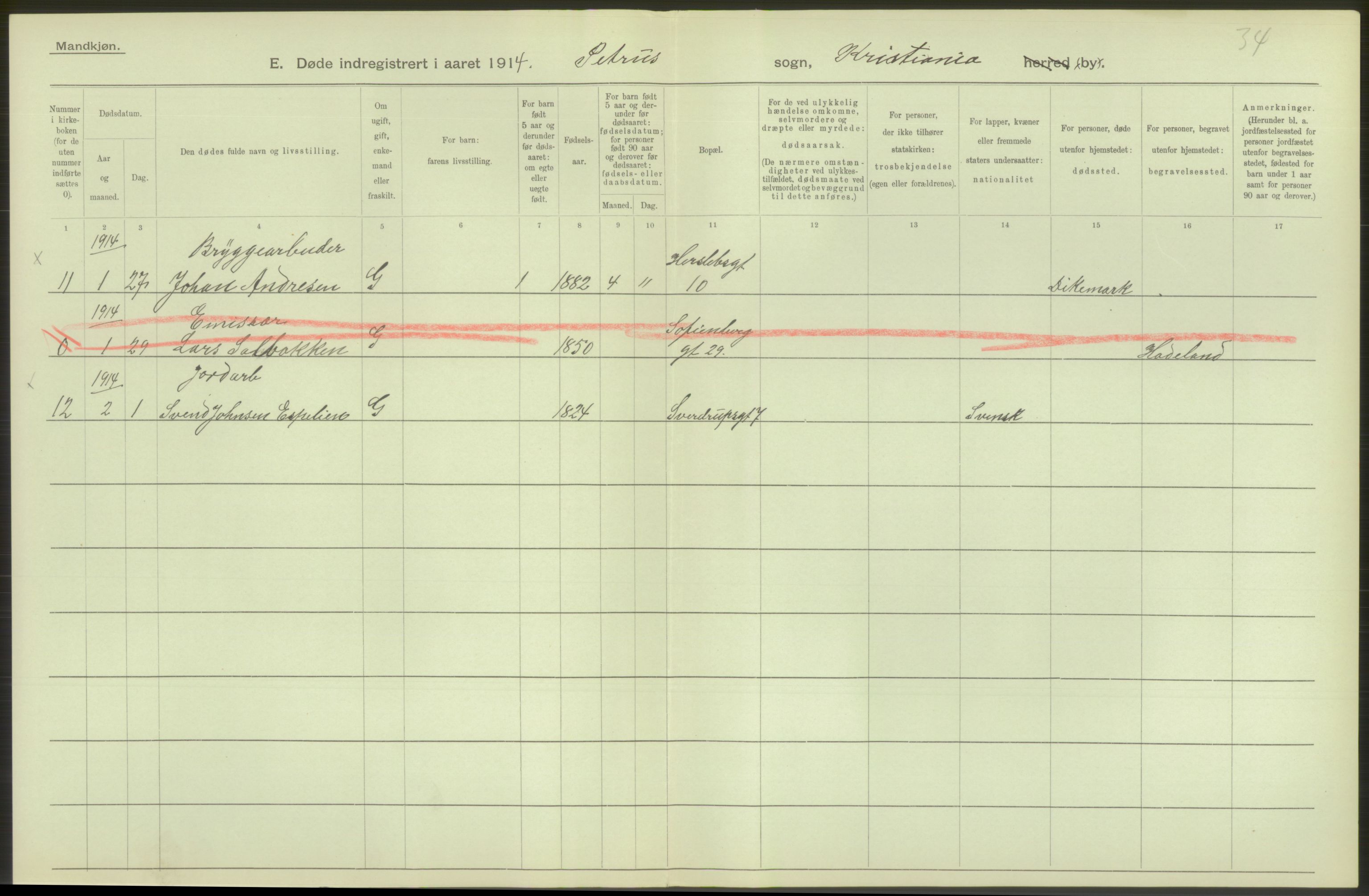 Statistisk sentralbyrå, Sosiodemografiske emner, Befolkning, AV/RA-S-2228/D/Df/Dfb/Dfbd/L0008: Kristiania: Døde, 1914, p. 352