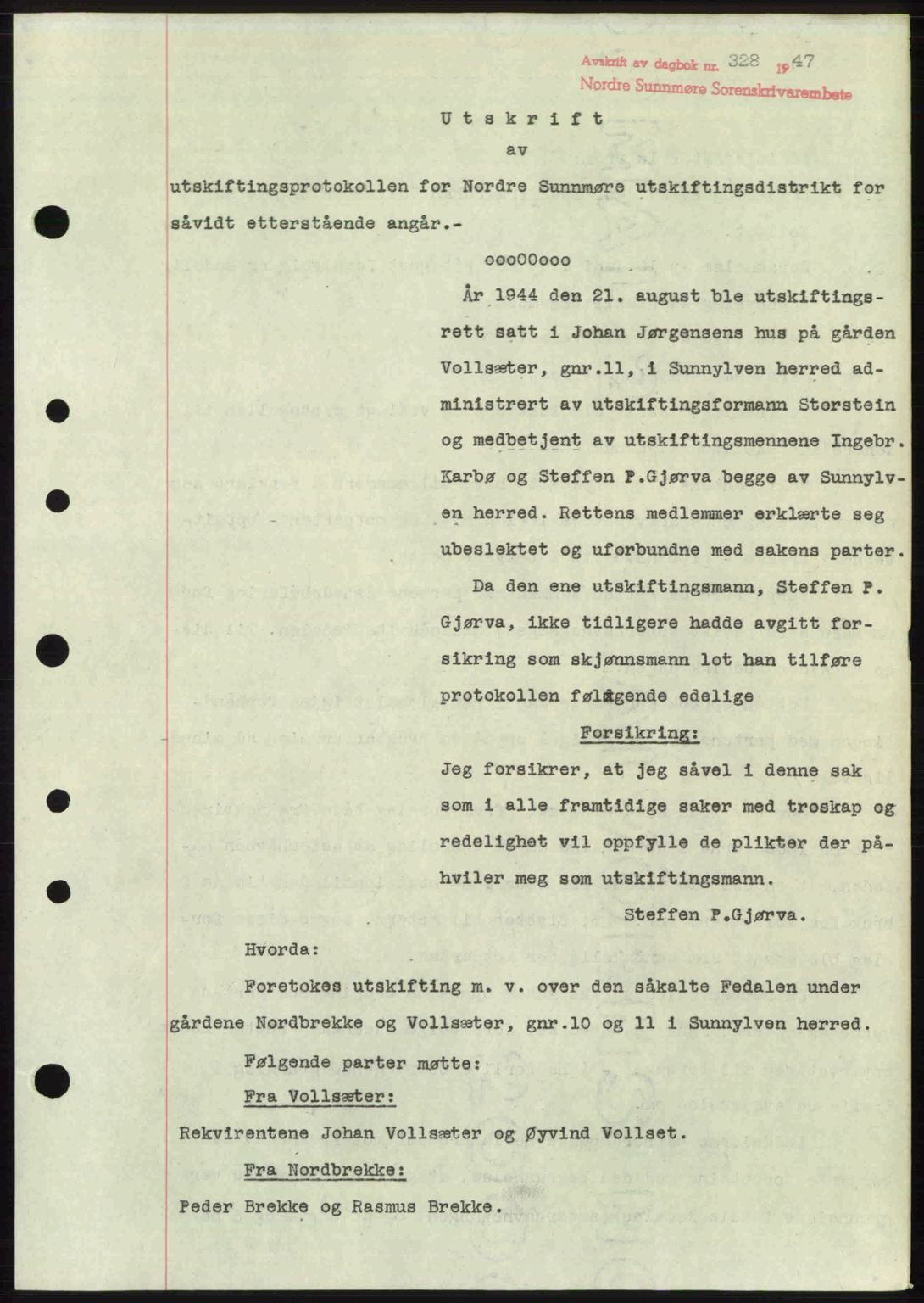 Nordre Sunnmøre sorenskriveri, AV/SAT-A-0006/1/2/2C/2Ca: Mortgage book no. A24, 1947-1947, Diary no: : 328/1947