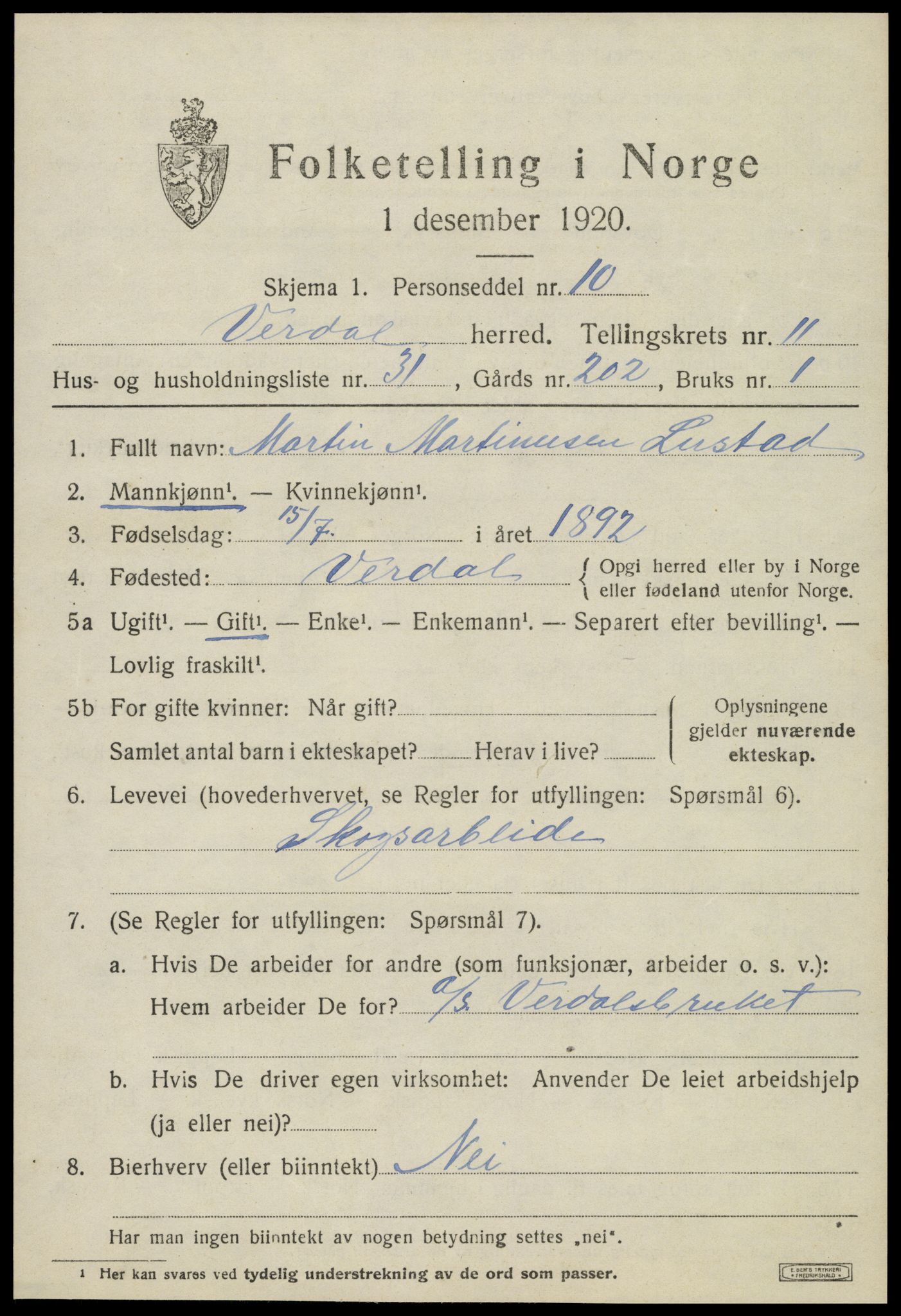 SAT, 1920 census for Verdal, 1920, p. 13255