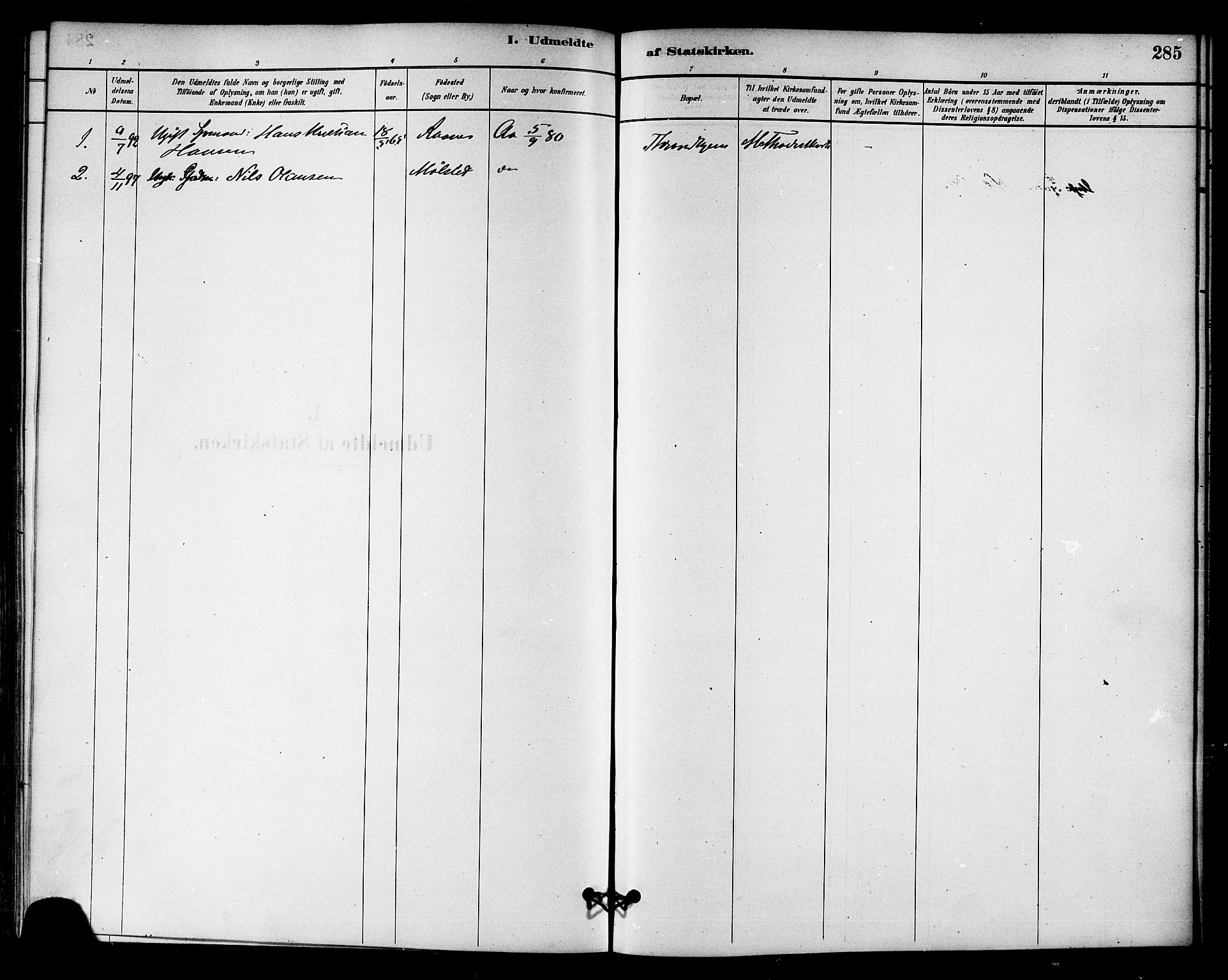 Ministerialprotokoller, klokkerbøker og fødselsregistre - Sør-Trøndelag, SAT/A-1456/655/L0680: Parish register (official) no. 655A09, 1880-1894, p. 285