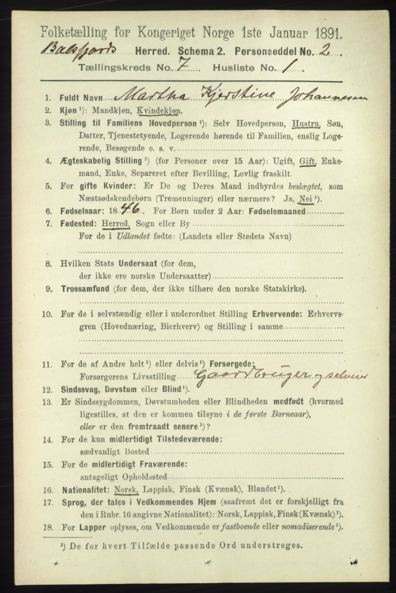 RA, 1891 census for 1933 Balsfjord, 1891, p. 2024