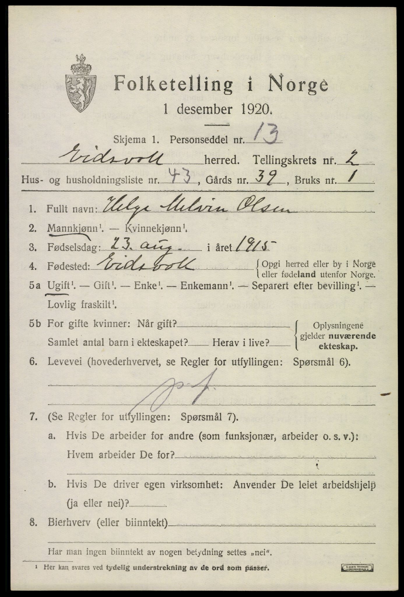 SAO, 1920 census for Eidsvoll, 1920, p. 7089