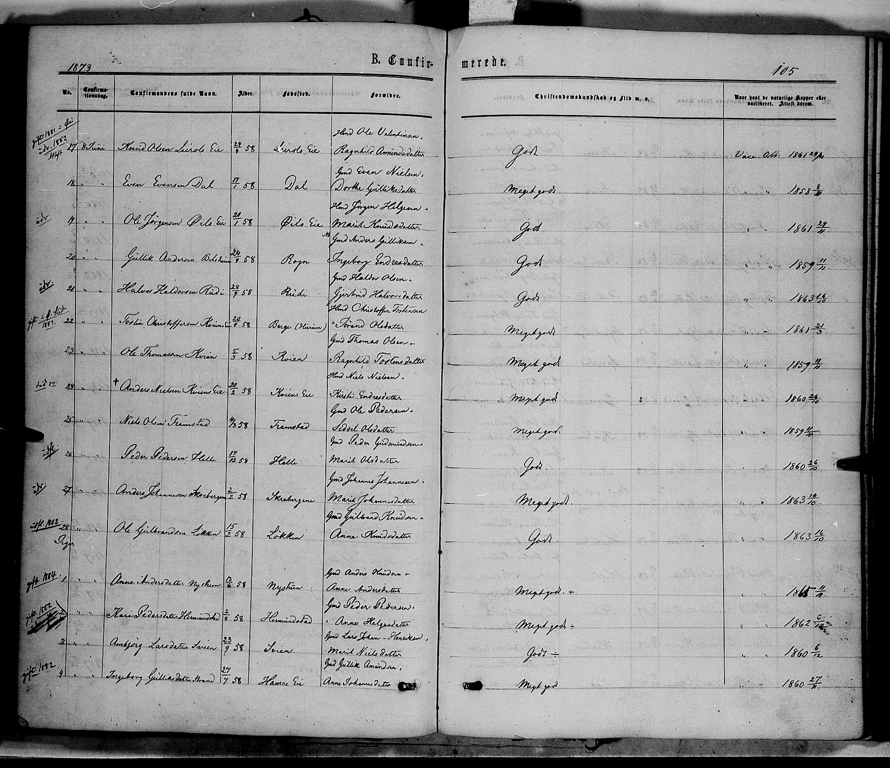 Vang prestekontor, Valdres, SAH/PREST-140/H/Ha/L0007: Parish register (official) no. 7, 1865-1881, p. 105