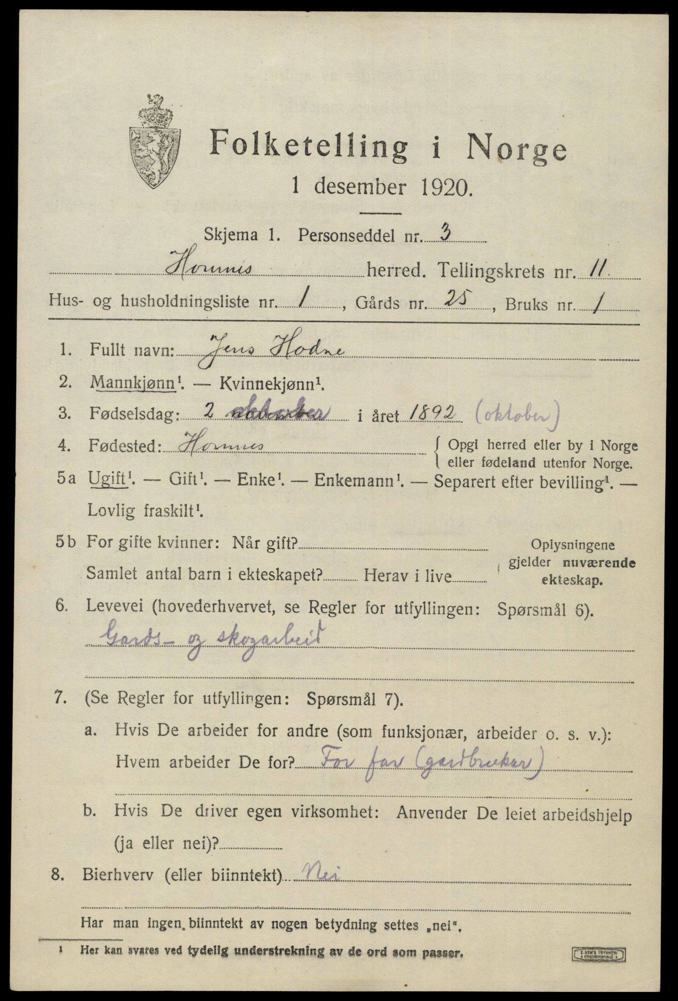 SAK, 1920 census for Hornnes, 1920, p. 2639