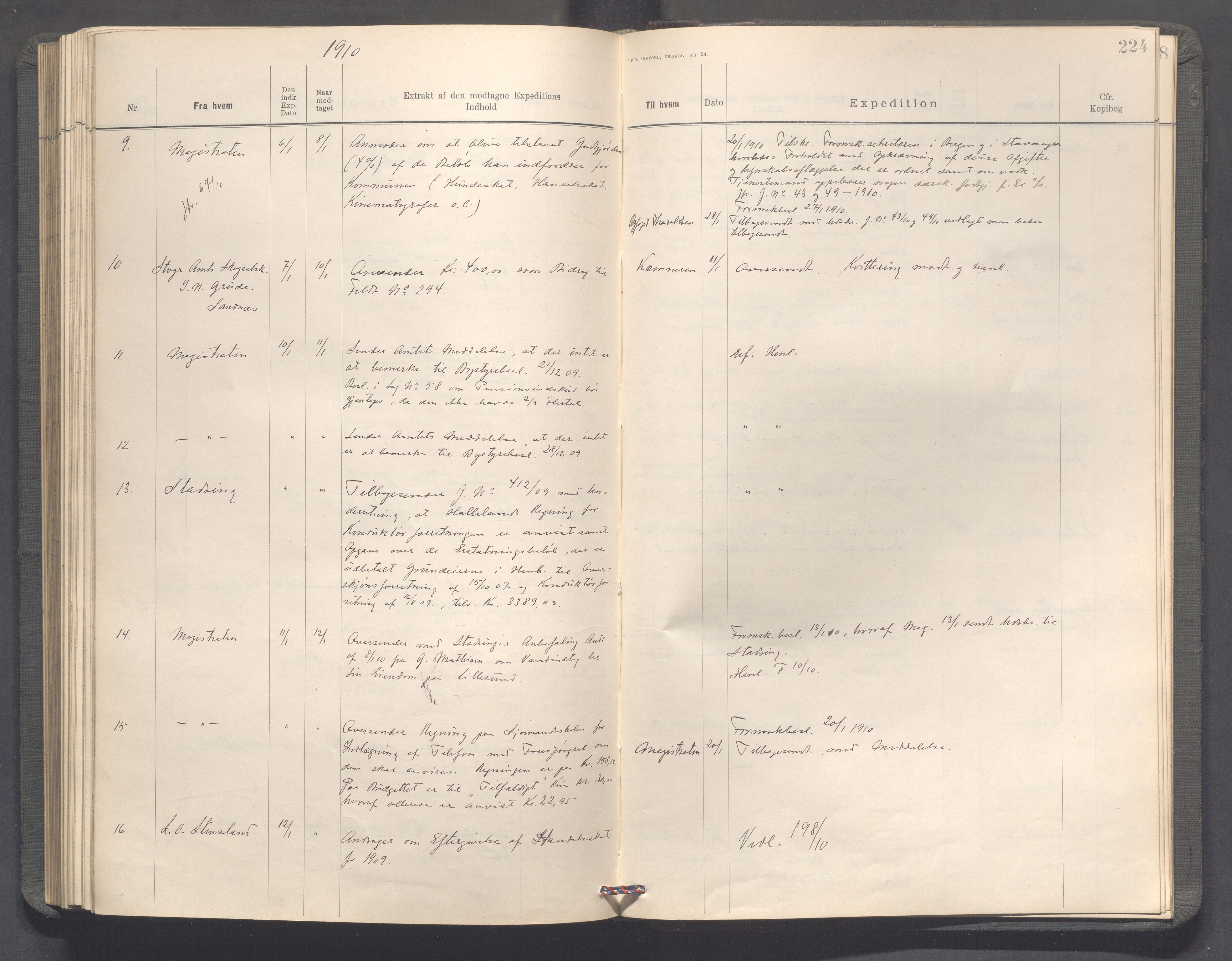 Haugesund kommune - Formannskapet, IKAR/X-0001/C/L0003: Journal, 1907-1910, p. 224