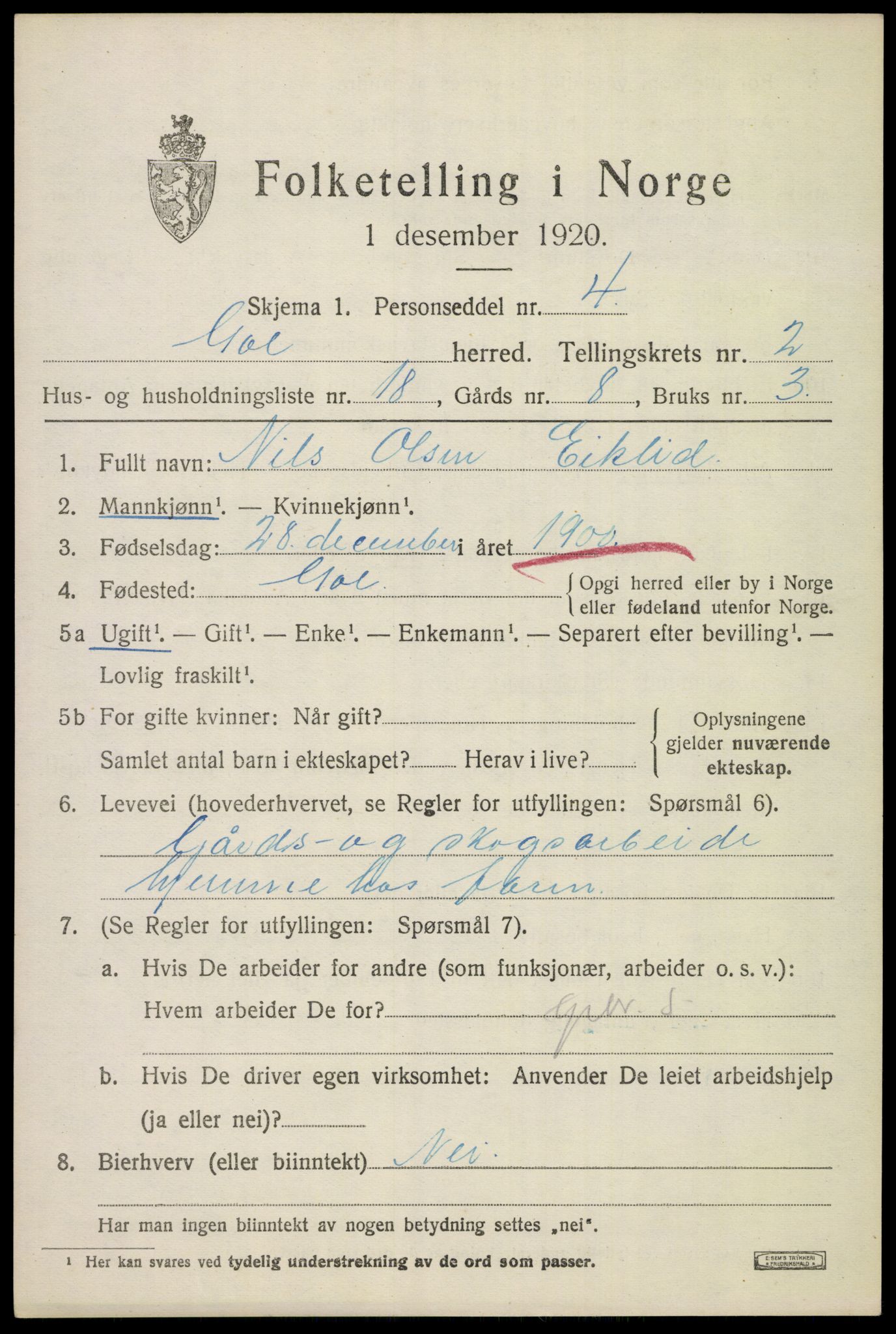 SAKO, 1920 census for Gol, 1920, p. 1474