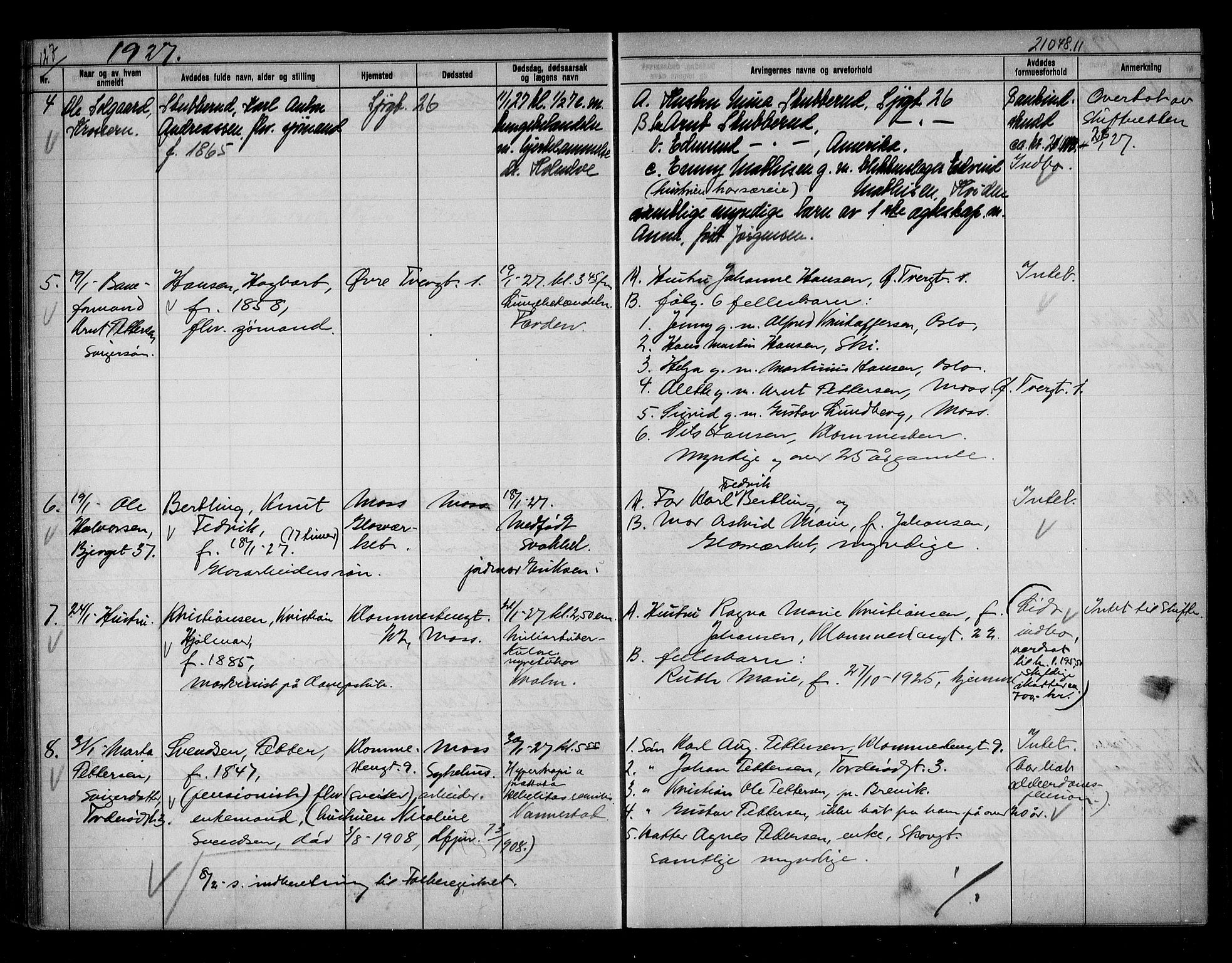 Moss byfogd, SAO/A-10863/H/Ha/Hab/L0006: Dødsanmeldelsesprotokoll, 1921-1931, p. 127
