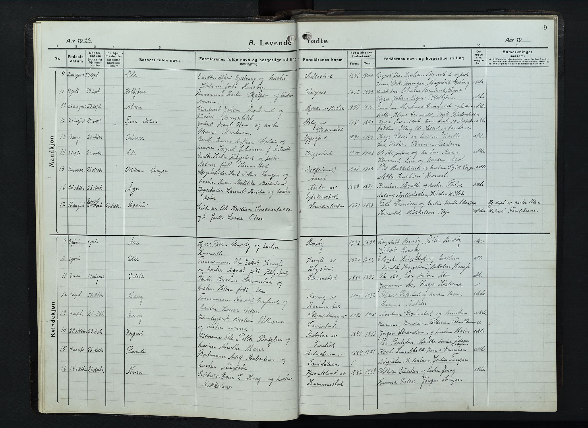 Balke prestekontor, SAH/PREST-106/H/Ha/Hab/L0001: Parish register (copy) no. 1, 1920-1955, p. 9