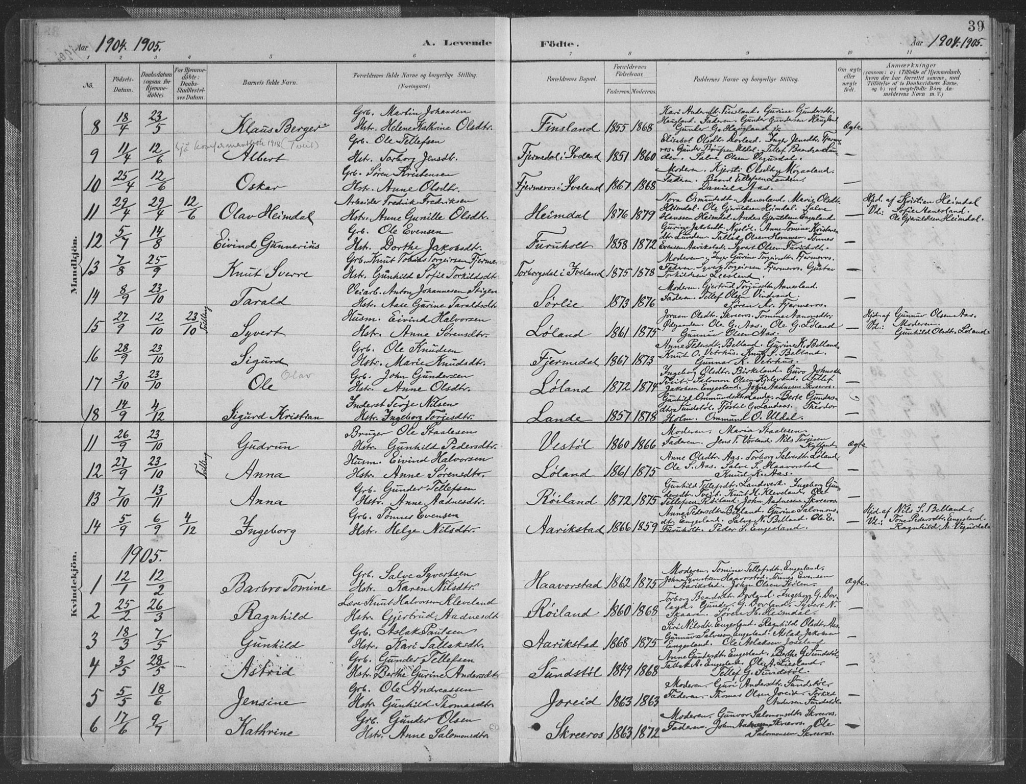 Herefoss sokneprestkontor, SAK/1111-0019/F/Fa/Fab/L0004: Parish register (official) no. A 4, 1887-1909, p. 39