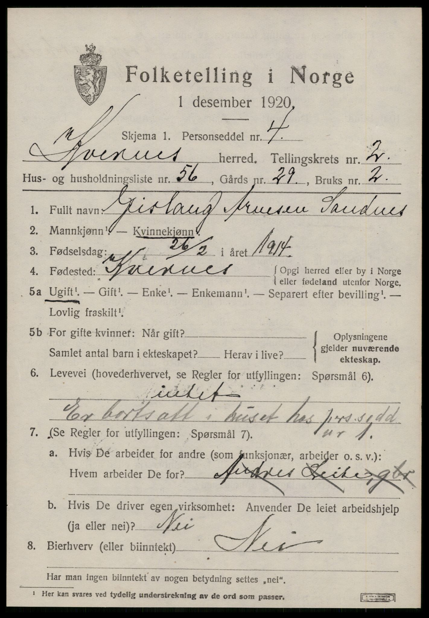 SAT, 1920 census for Kvernes, 1920, p. 1575