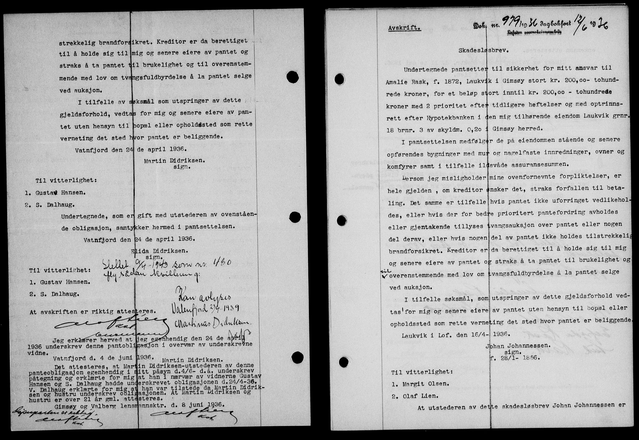 Lofoten sorenskriveri, SAT/A-0017/1/2/2C/L0033b: Mortgage book no. 33b, 1936-1936, Diary no: : 979/1936
