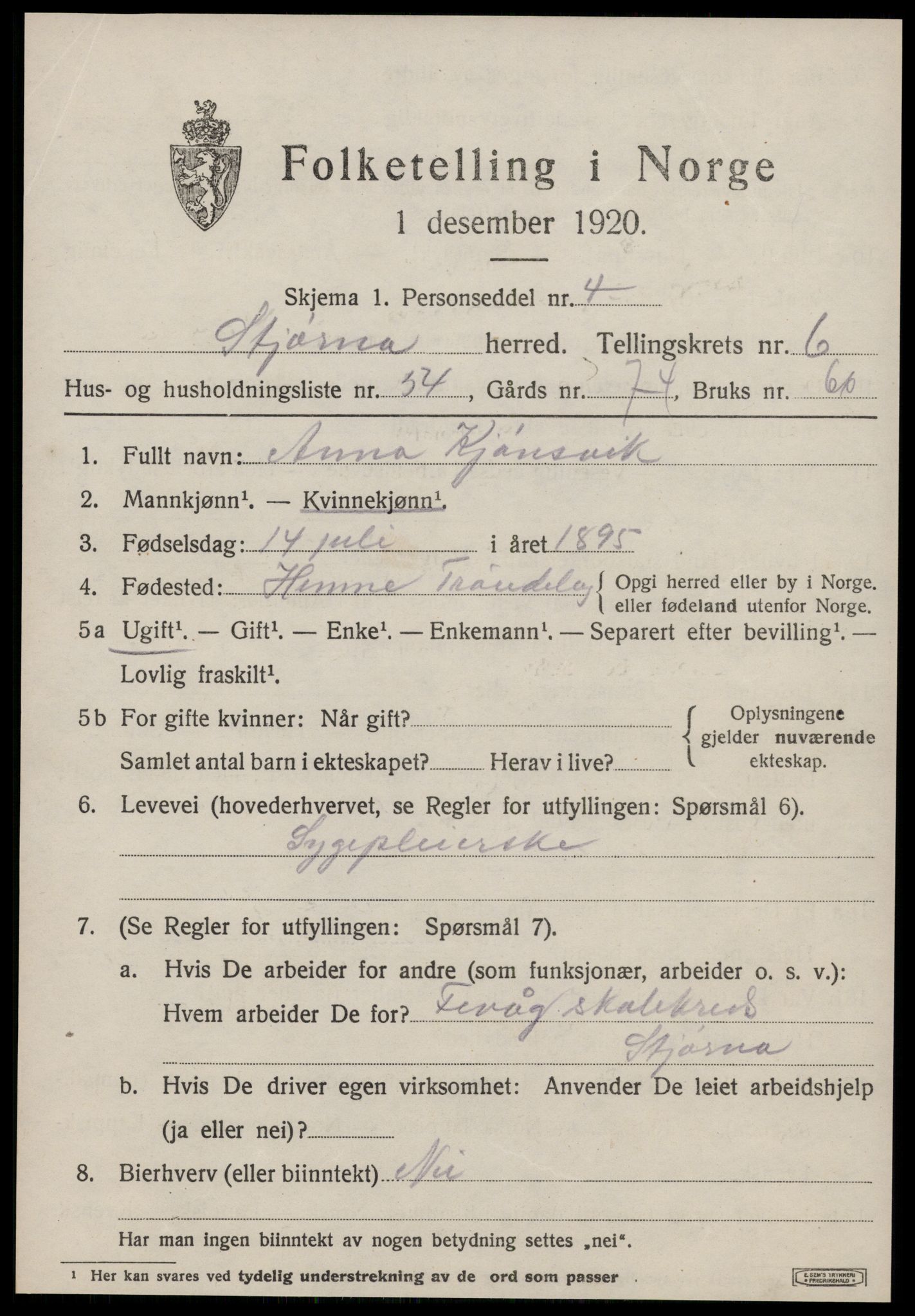 SAT, 1920 census for Stjørna, 1920, p. 5150