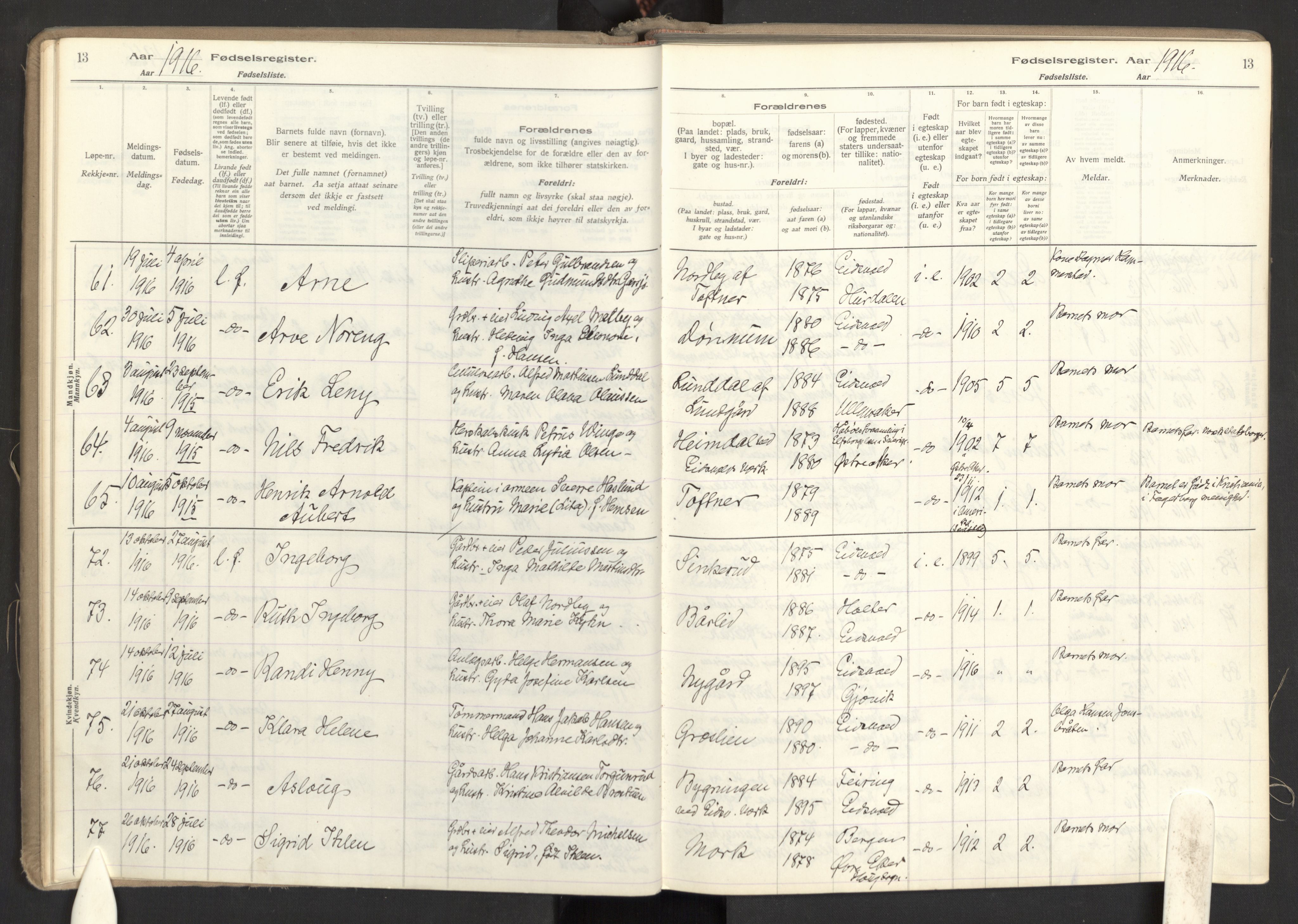 Eidsvoll prestekontor Kirkebøker, AV/SAO-A-10888/J/Ja/L0001: Birth register no. I 1, 1916-1924, p. 13