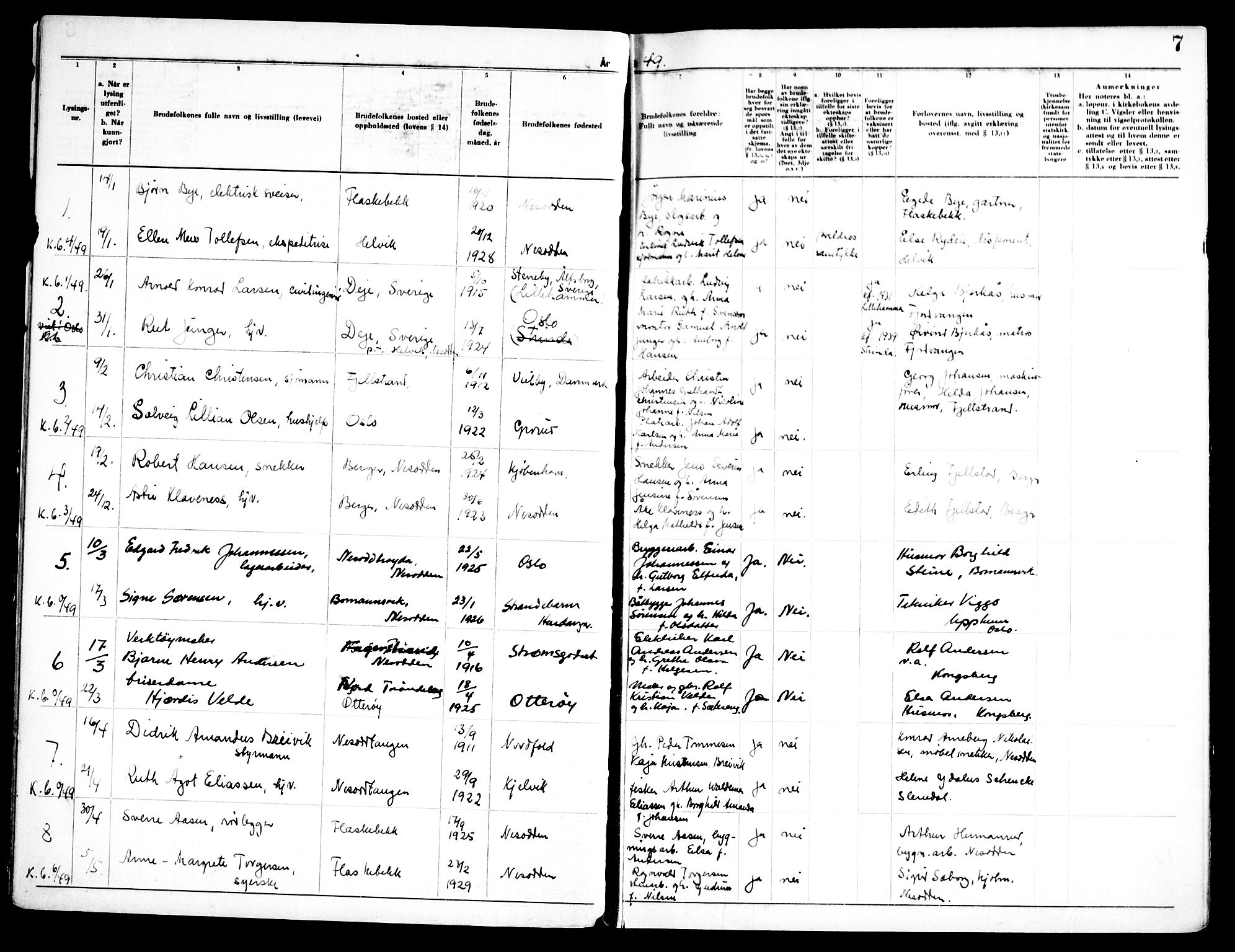 Nesodden prestekontor Kirkebøker, AV/SAO-A-10013/H/Ha/L0002: Banns register no. 2, 1948-1973, p. 7