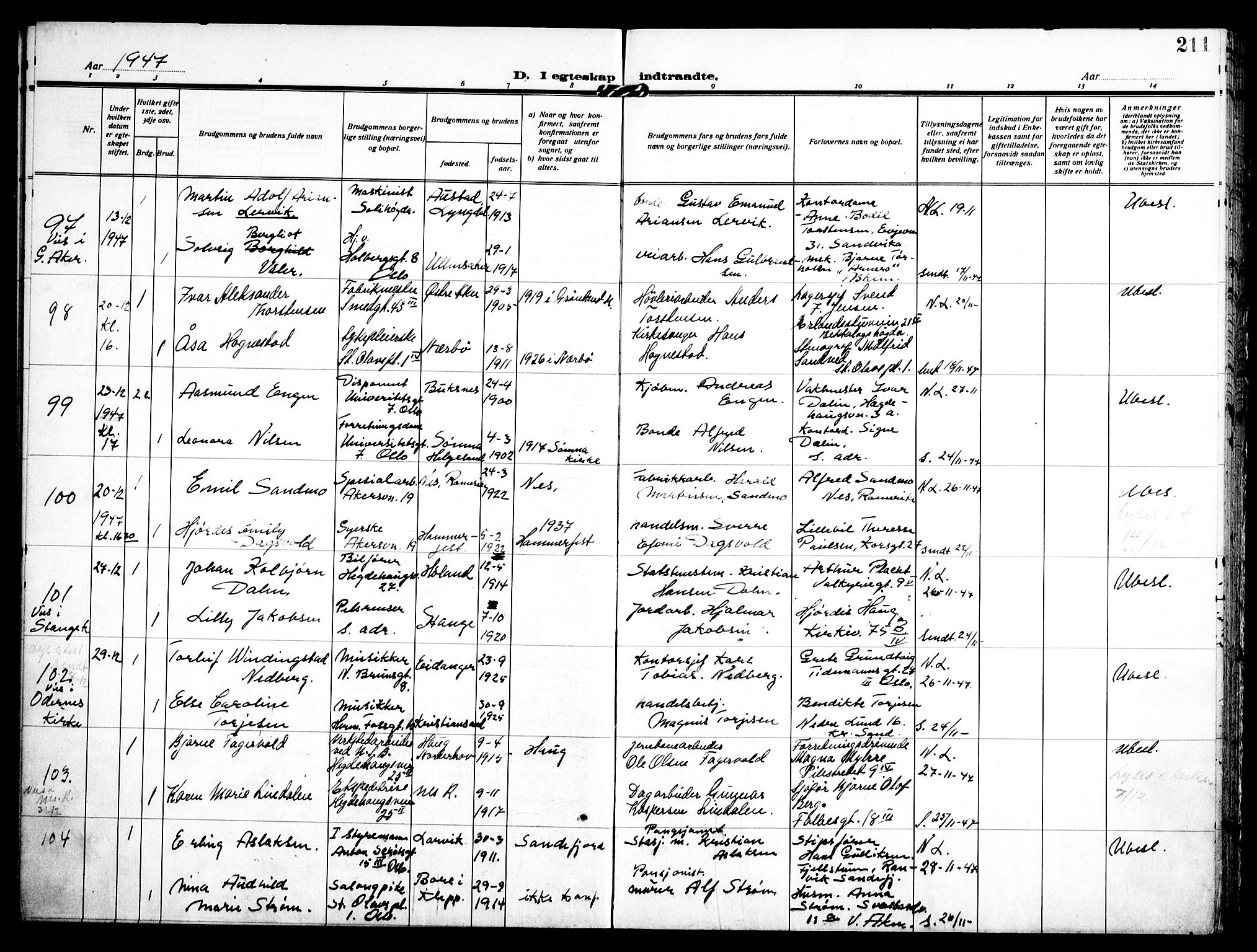 Trefoldighet prestekontor Kirkebøker, AV/SAO-A-10882/H/Ha/L0005: Banns register no. 5, 1932-1952, p. 211