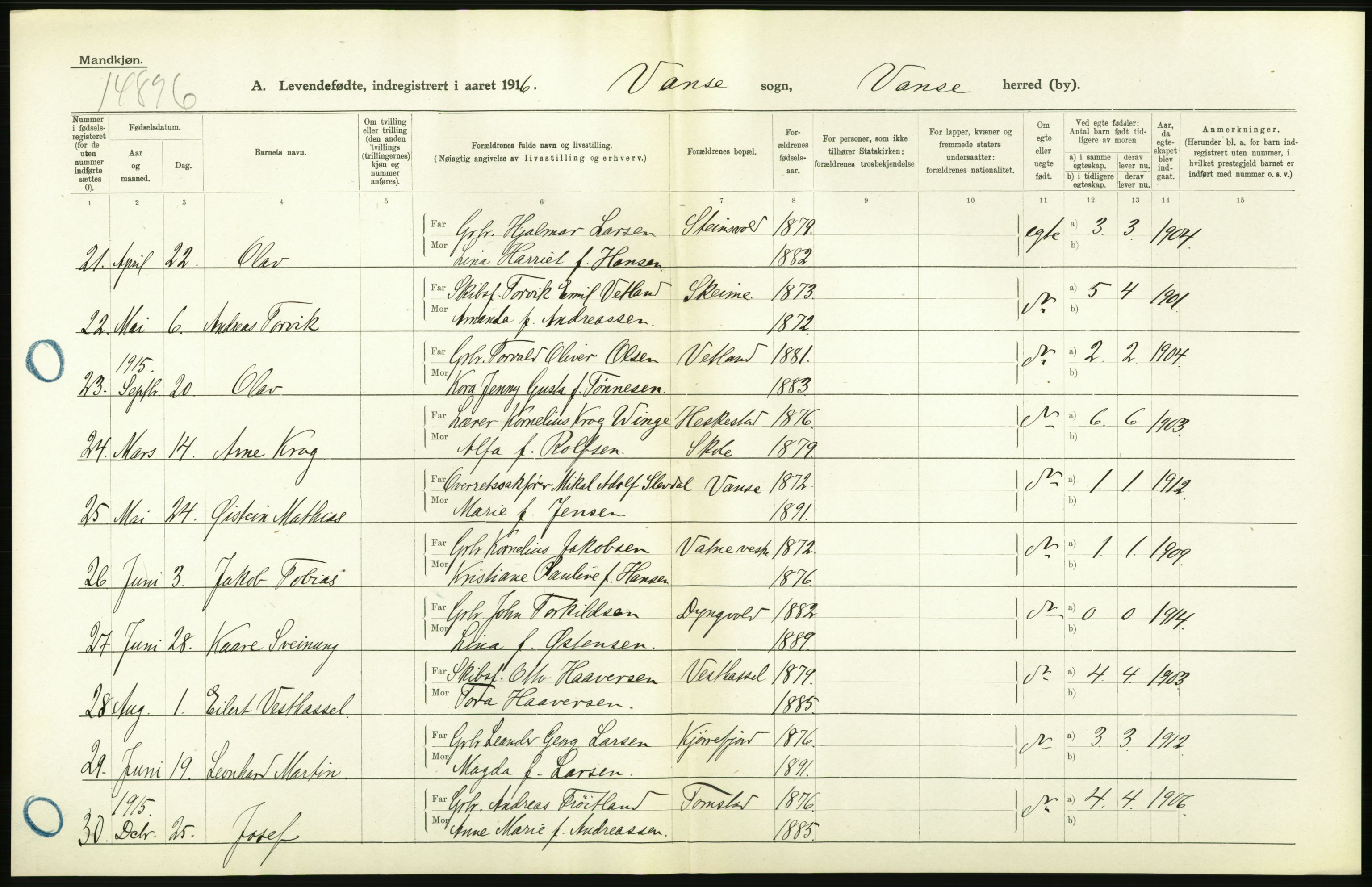 Statistisk sentralbyrå, Sosiodemografiske emner, Befolkning, AV/RA-S-2228/D/Df/Dfb/Dfbf/L0027: Lister og Mandals amt: Levendefødte menn og kvinner. Bygder og byer., 1916, p. 126