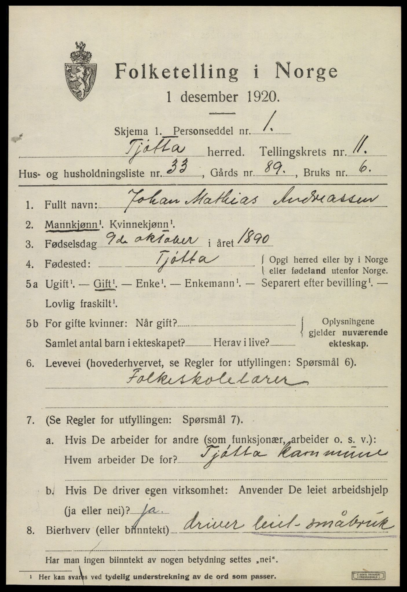 SAT, 1920 census for Tjøtta, 1920, p. 4697