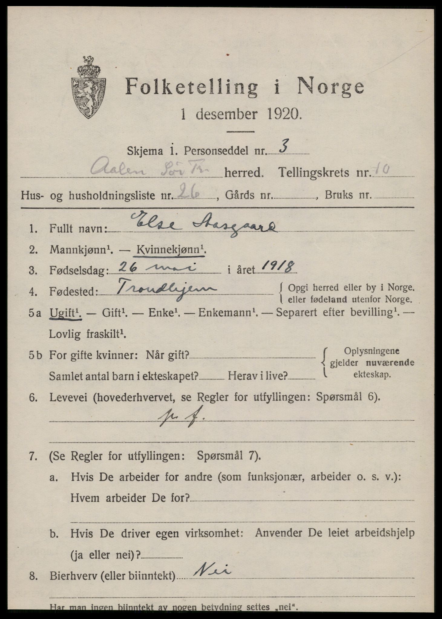 SAT, 1920 census for Ålen, 1920, p. 5088