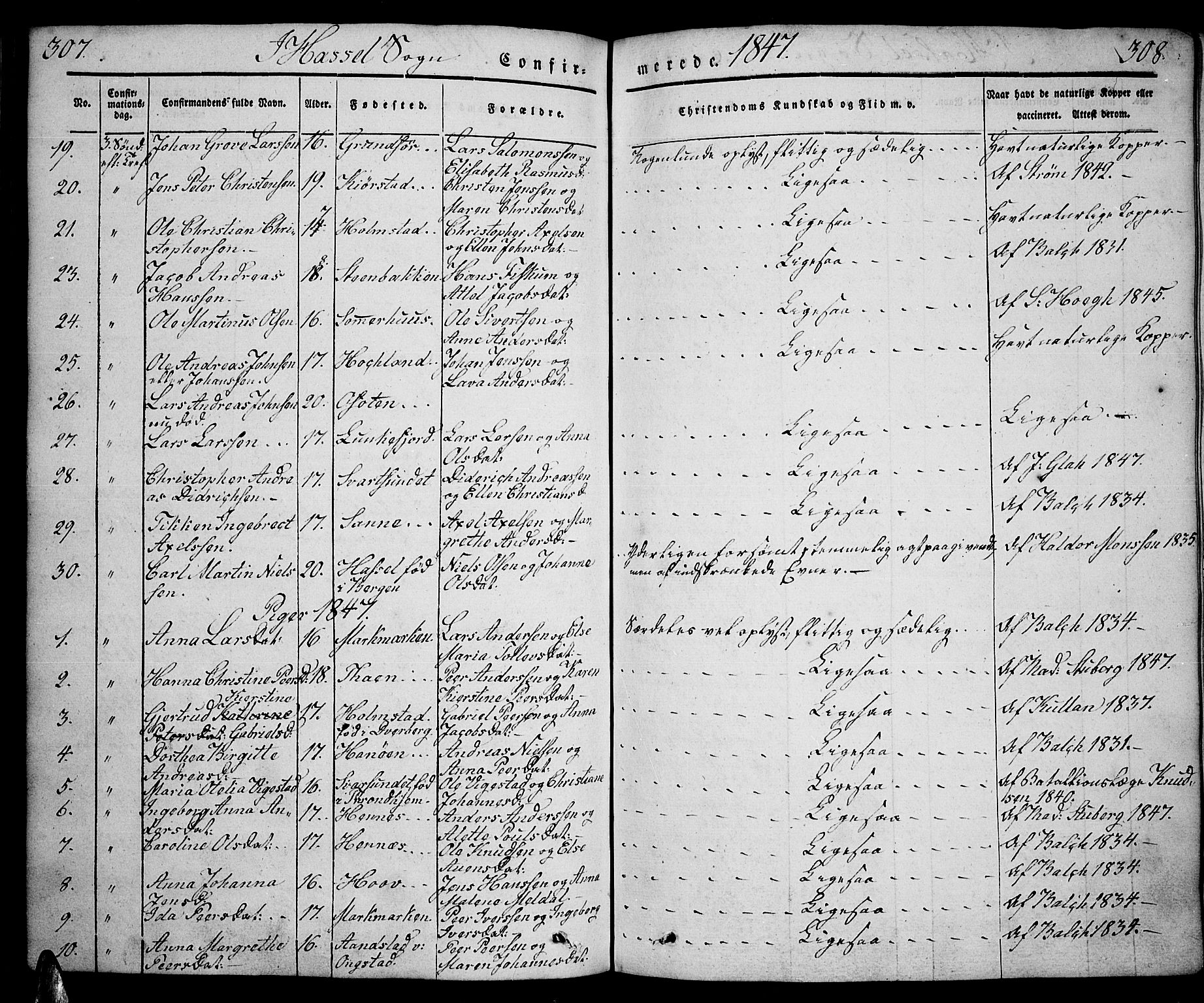 Ministerialprotokoller, klokkerbøker og fødselsregistre - Nordland, AV/SAT-A-1459/888/L1239: Parish register (official) no. 888A06 /1, 1837-1849, p. 307-308