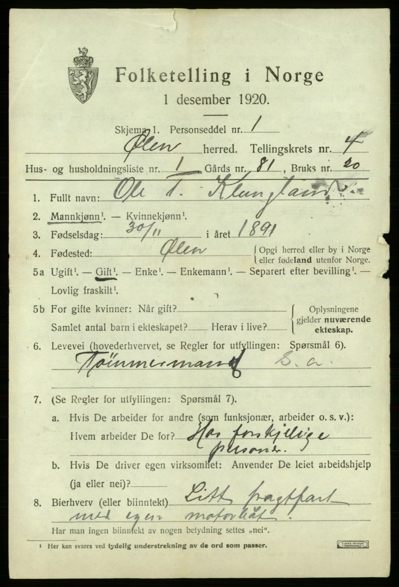 SAB, 1920 census for Ølen, 1920, p. 1903