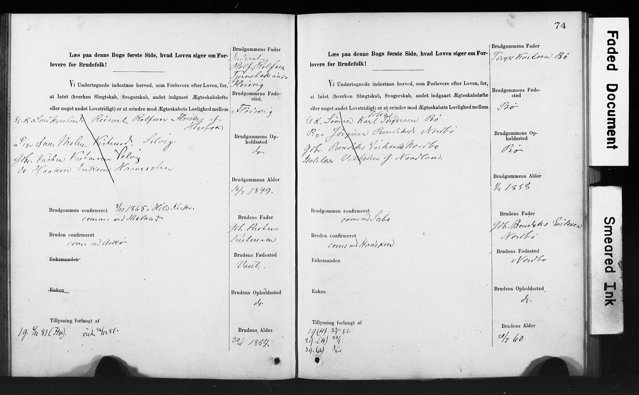 Rennesøy sokneprestkontor, SAST/A -101827/I/Ie/L0001: Banns register no. 1, 1873-1898, p. 74
