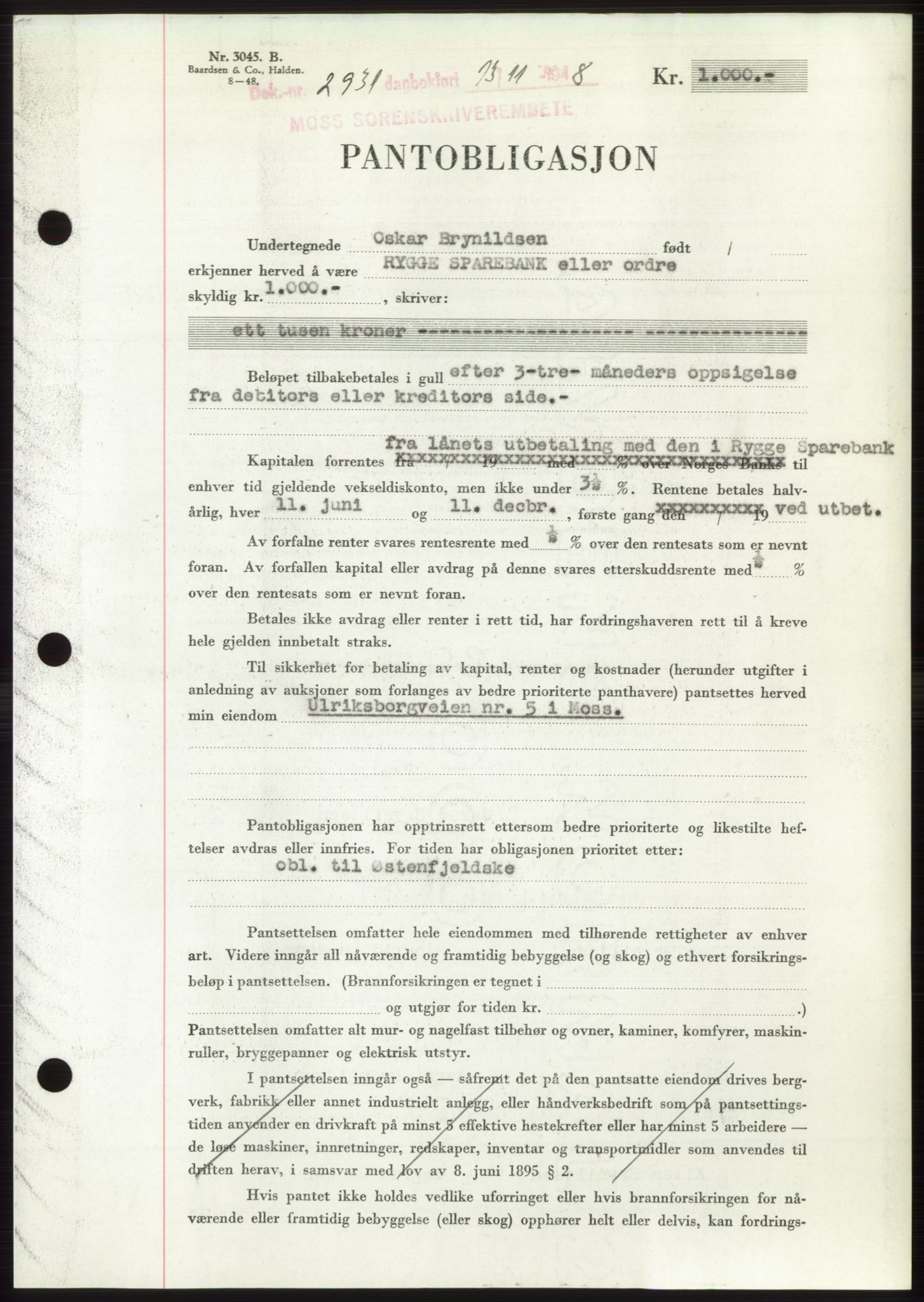 Moss sorenskriveri, AV/SAO-A-10168: Mortgage book no. B20, 1948-1948, Diary no: : 2931/1948