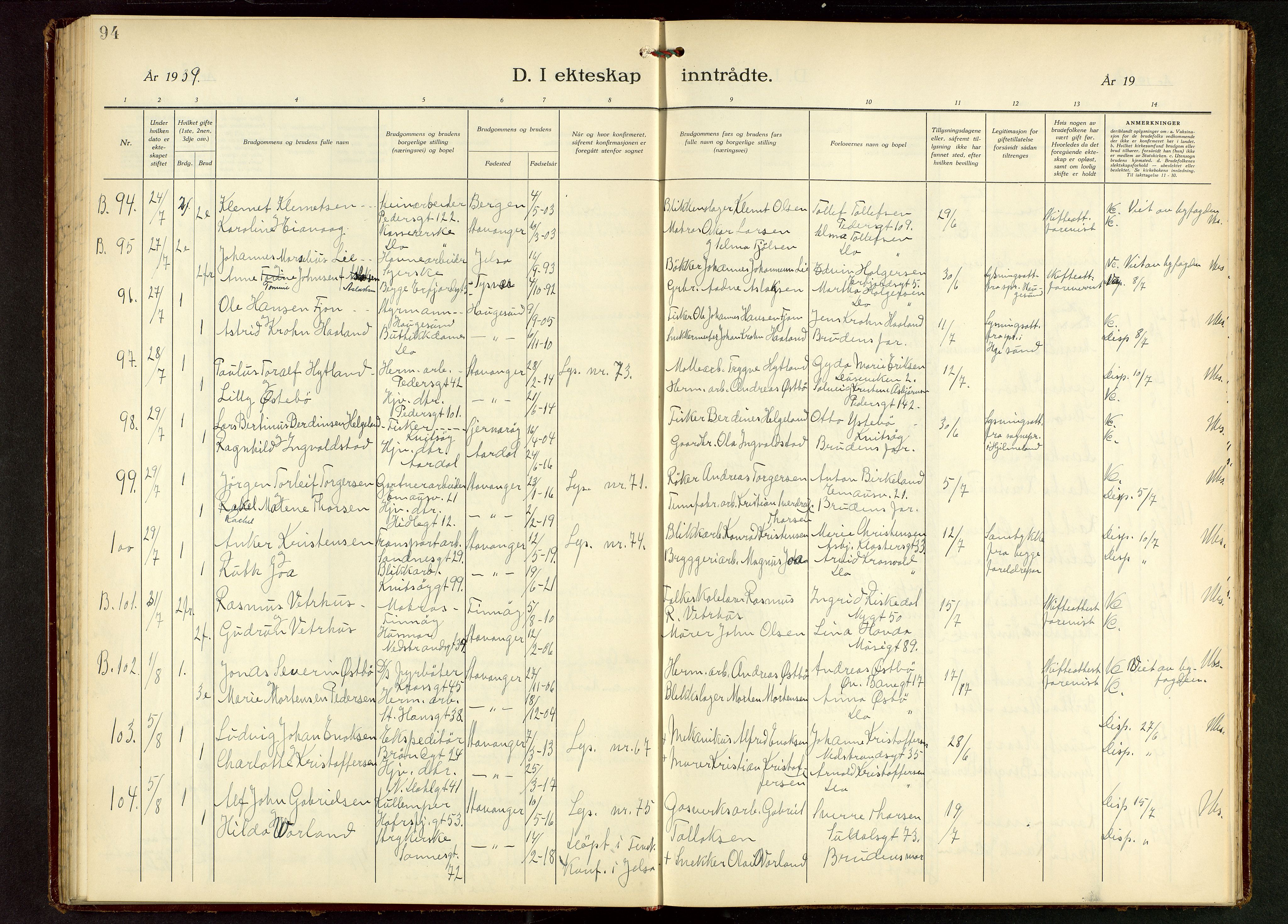 St. Johannes sokneprestkontor, SAST/A-101814/001/30/30BB/L0010: Parish register (copy) no. B 10, 1933-1946, p. 94