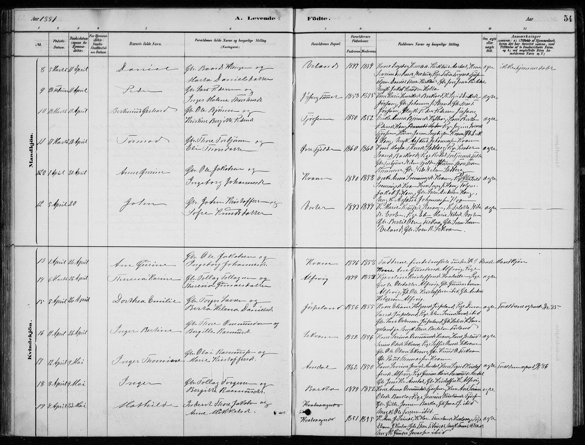 Strand sokneprestkontor, SAST/A-101828/H/Ha/Hab/L0004: Parish register (copy) no. B 4, 1878-1903, p. 54
