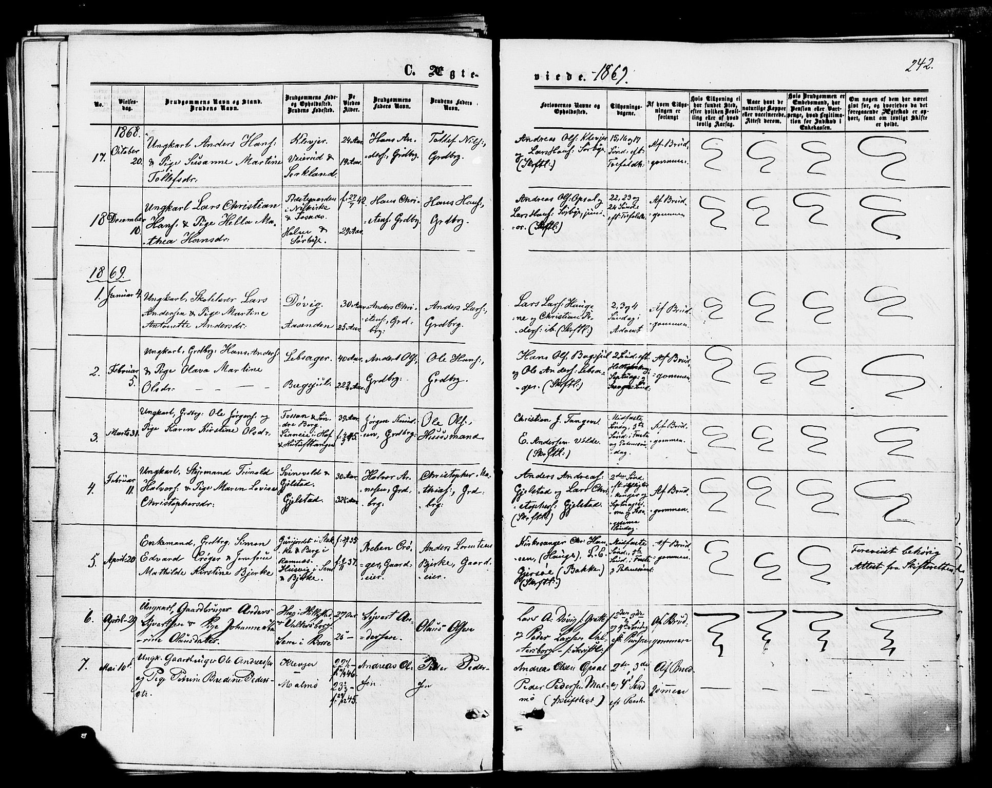 Våle kirkebøker, SAKO/A-334/F/Fa/L0010: Parish register (official) no. I 10, 1861-1877, p. 242