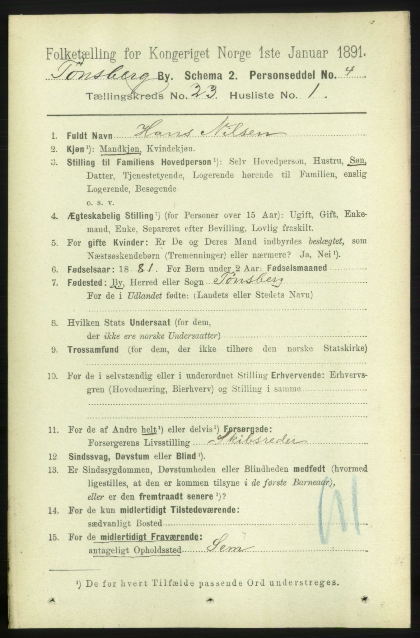 RA, 1891 census for 0705 Tønsberg, 1891, p. 6014