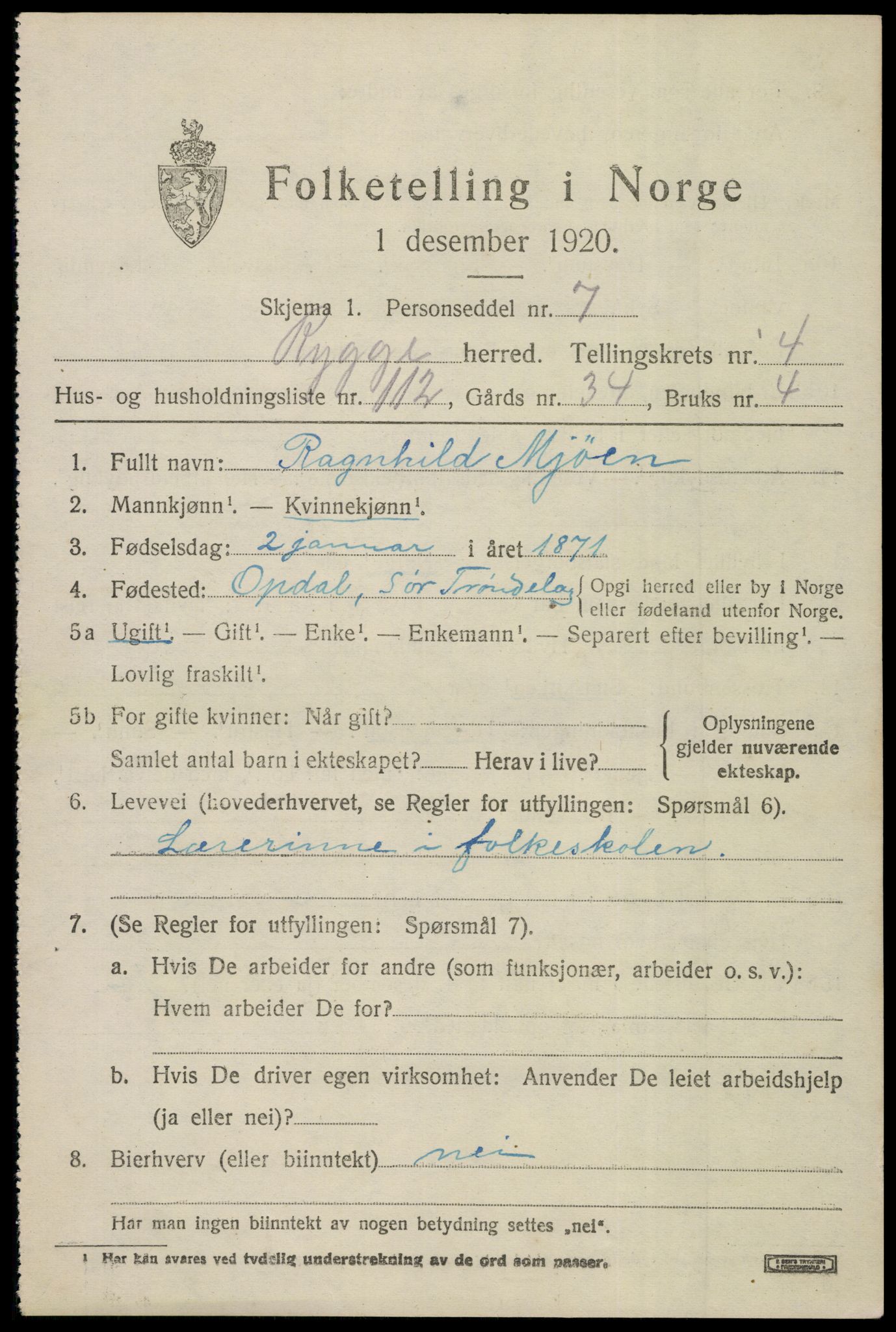 SAO, 1920 census for Rygge, 1920, p. 9551