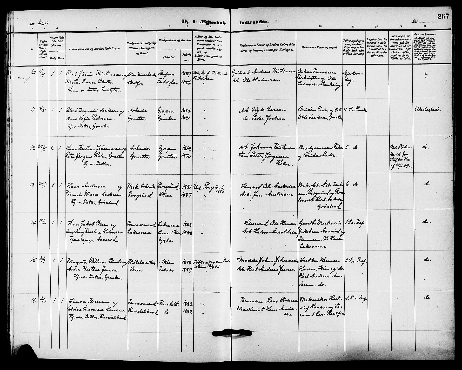 Solum kirkebøker, AV/SAKO-A-306/G/Ga/L0008: Parish register (copy) no. I 8, 1898-1909, p. 267