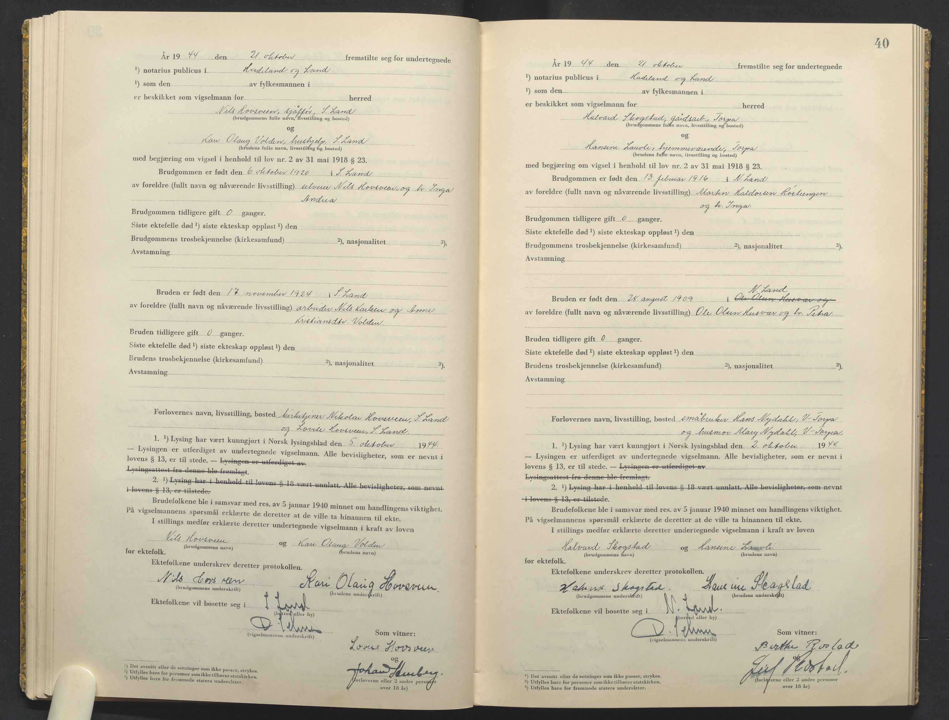 Hadeland og Land tingrett, AV/SAH-TING-010/L/Lb/L0003: Vigselbok, 1944-1946, p. 40