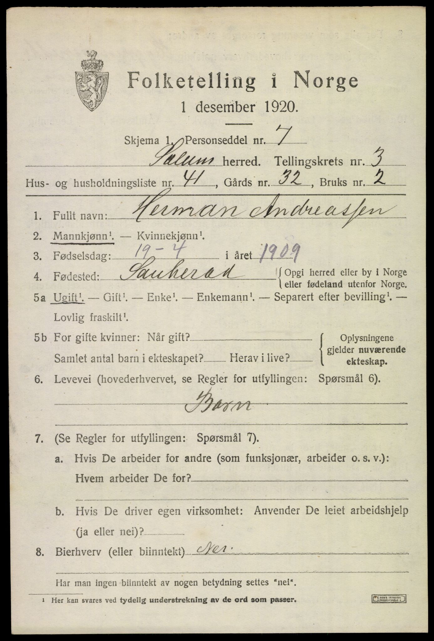 SAKO, 1920 census for Solum, 1920, p. 8172