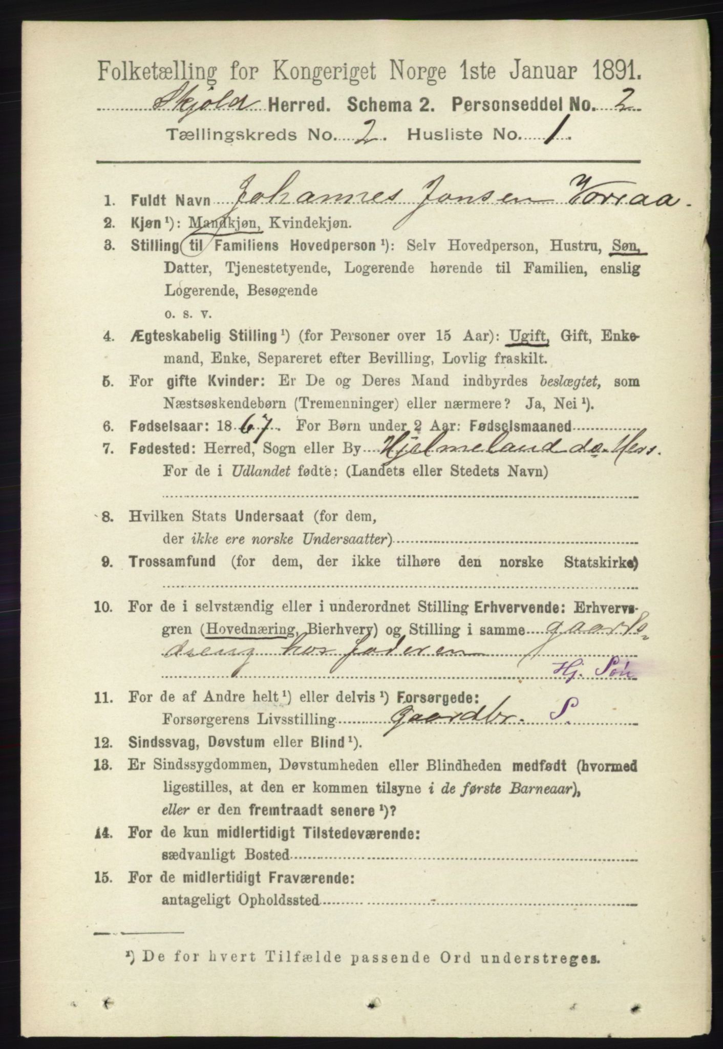 RA, 1891 census for 1154 Skjold, 1891, p. 284