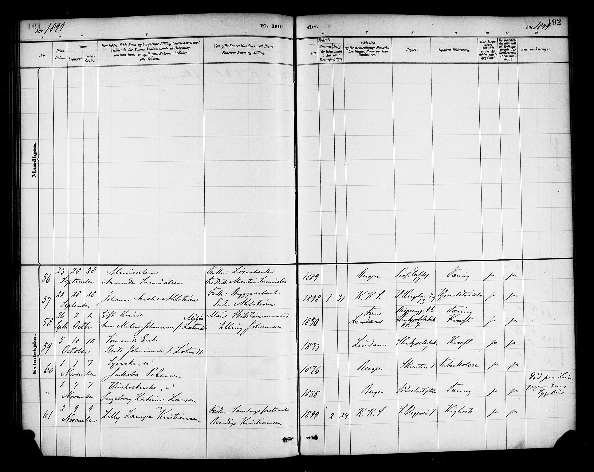 Korskirken sokneprestembete, SAB/A-76101/H/Haa/L0047: Parish register (official) no. E 5, 1884-1910, p. 192