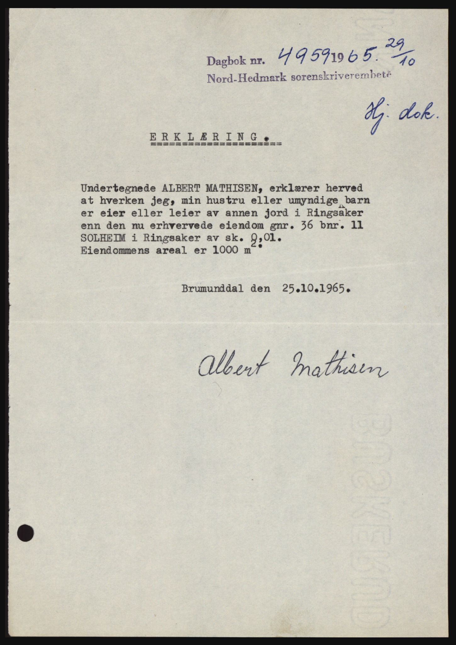 Nord-Hedmark sorenskriveri, SAH/TING-012/H/Hc/L0022: Mortgage book no. 22, 1965-1965, Diary no: : 4959/1965