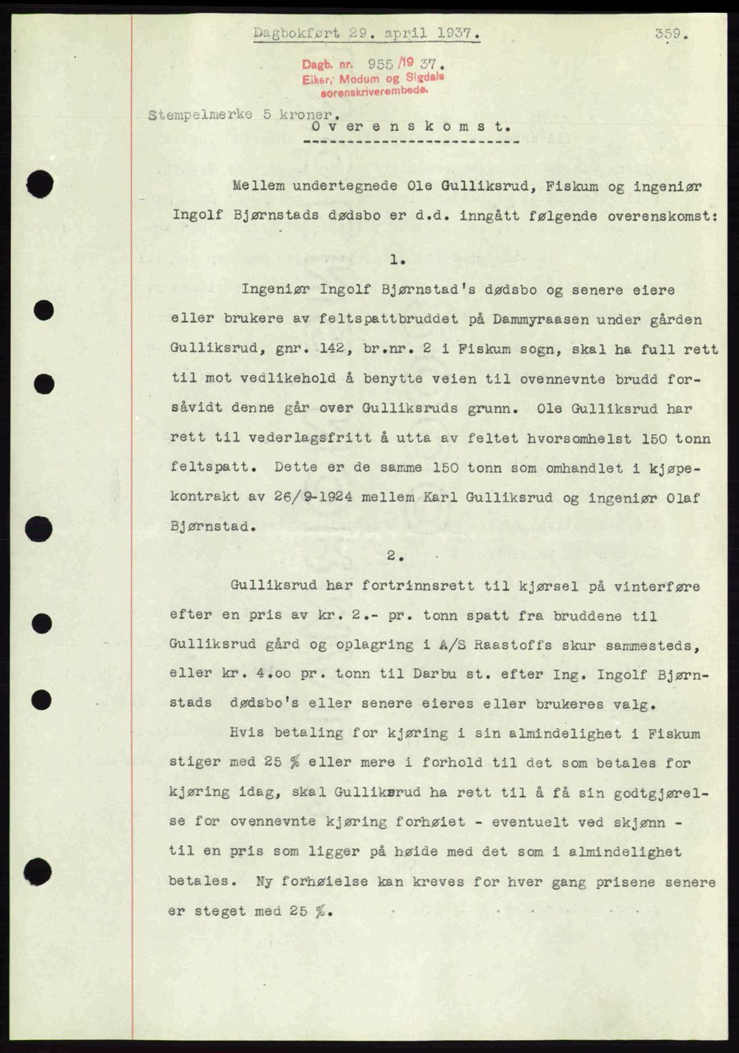 Eiker, Modum og Sigdal sorenskriveri, SAKO/A-123/G/Ga/Gab/L0035: Mortgage book no. A5, 1937-1937, Diary no: : 955/1937