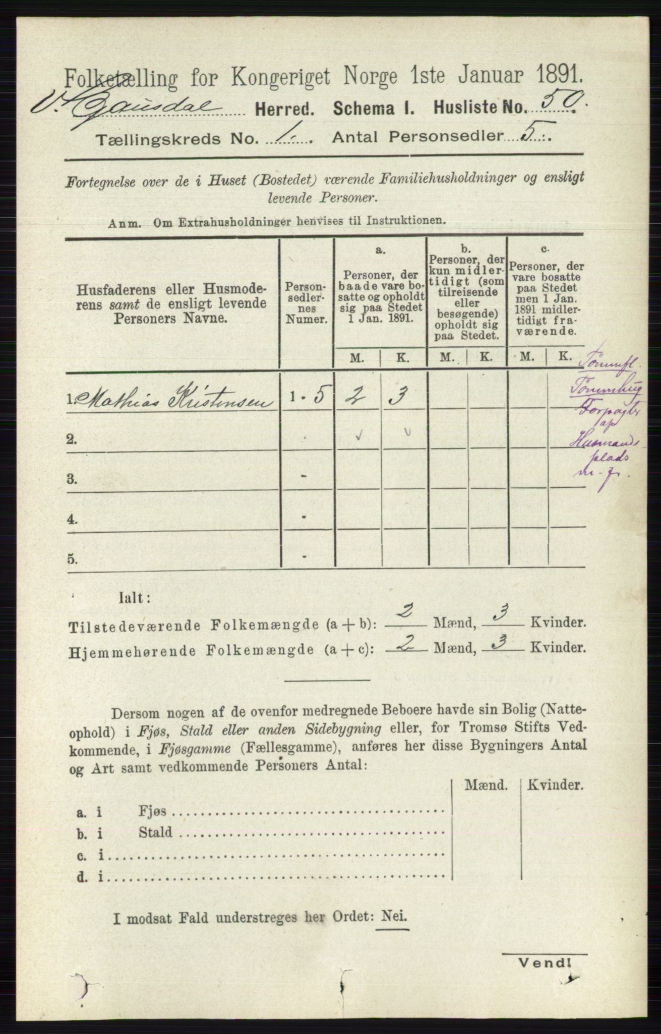 RA, 1891 census for 0523 Vestre Gausdal, 1891, p. 73