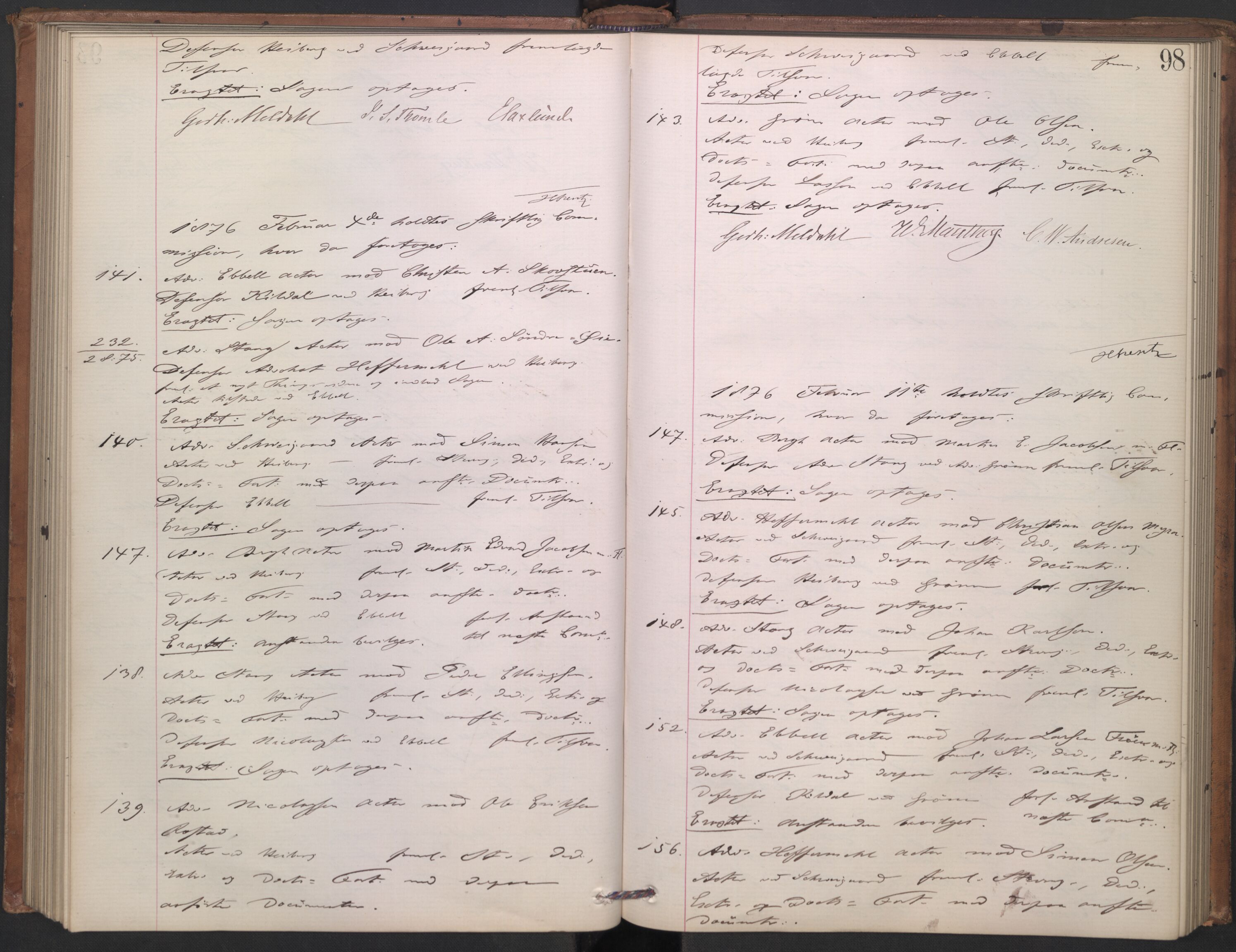 Høyesterett, AV/RA-S-1002/E/Ef/L0013: Protokoll over saker som gikk til skriftlig behandling, 1873-1879, p. 97b-98a