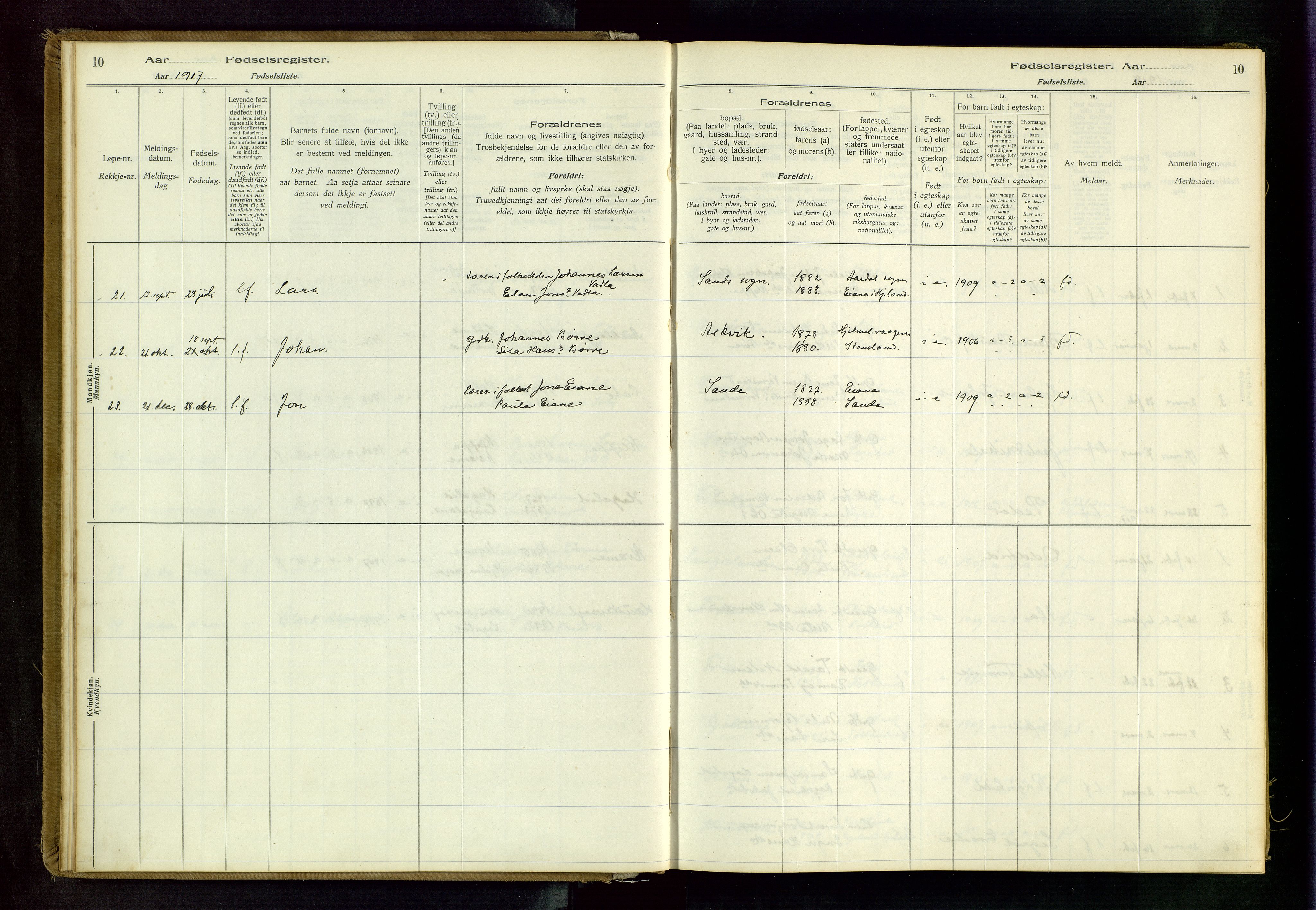 Hjelmeland sokneprestkontor, AV/SAST-A-101843/02/B/L0001: Birth register no. 1, 1916-1963, p. 10