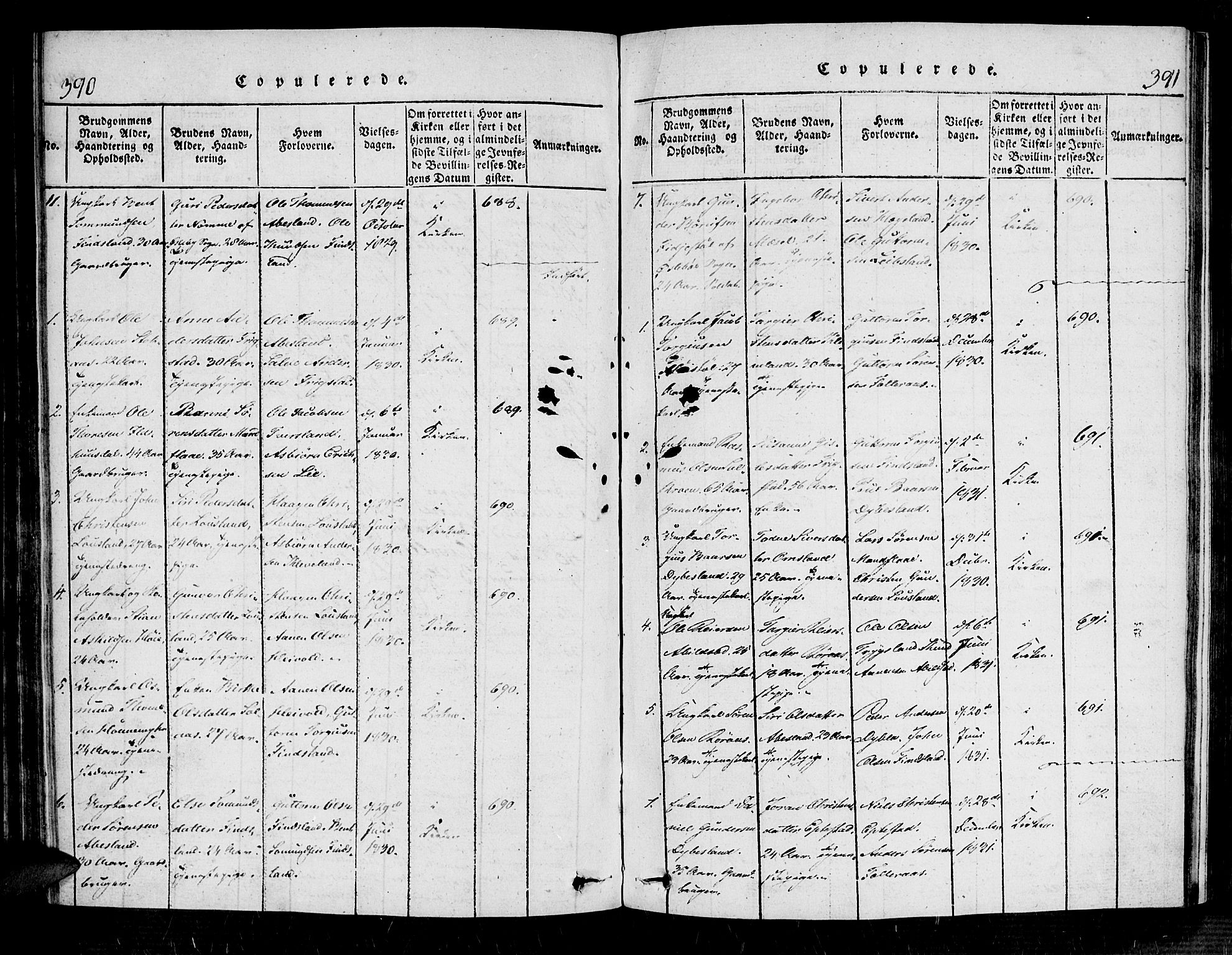 Bjelland sokneprestkontor, SAK/1111-0005/F/Fa/Fab/L0002: Parish register (official) no. A 2, 1816-1869, p. 390-391