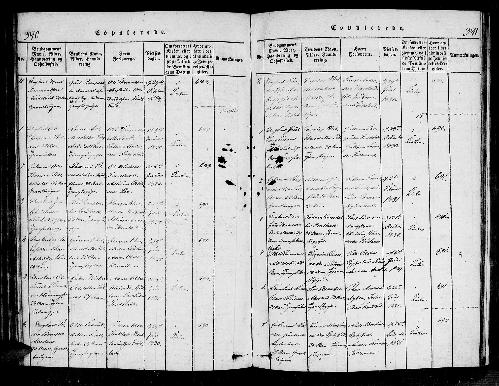 Bjelland sokneprestkontor, AV/SAK-1111-0005/F/Fa/Fab/L0002: Parish register (official) no. A 2, 1816-1869, p. 390-391