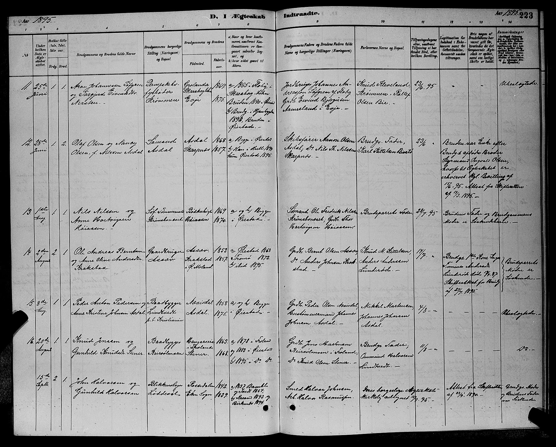 Øyestad sokneprestkontor, AV/SAK-1111-0049/F/Fb/L0009: Parish register (copy) no. B 9, 1886-1896, p. 223