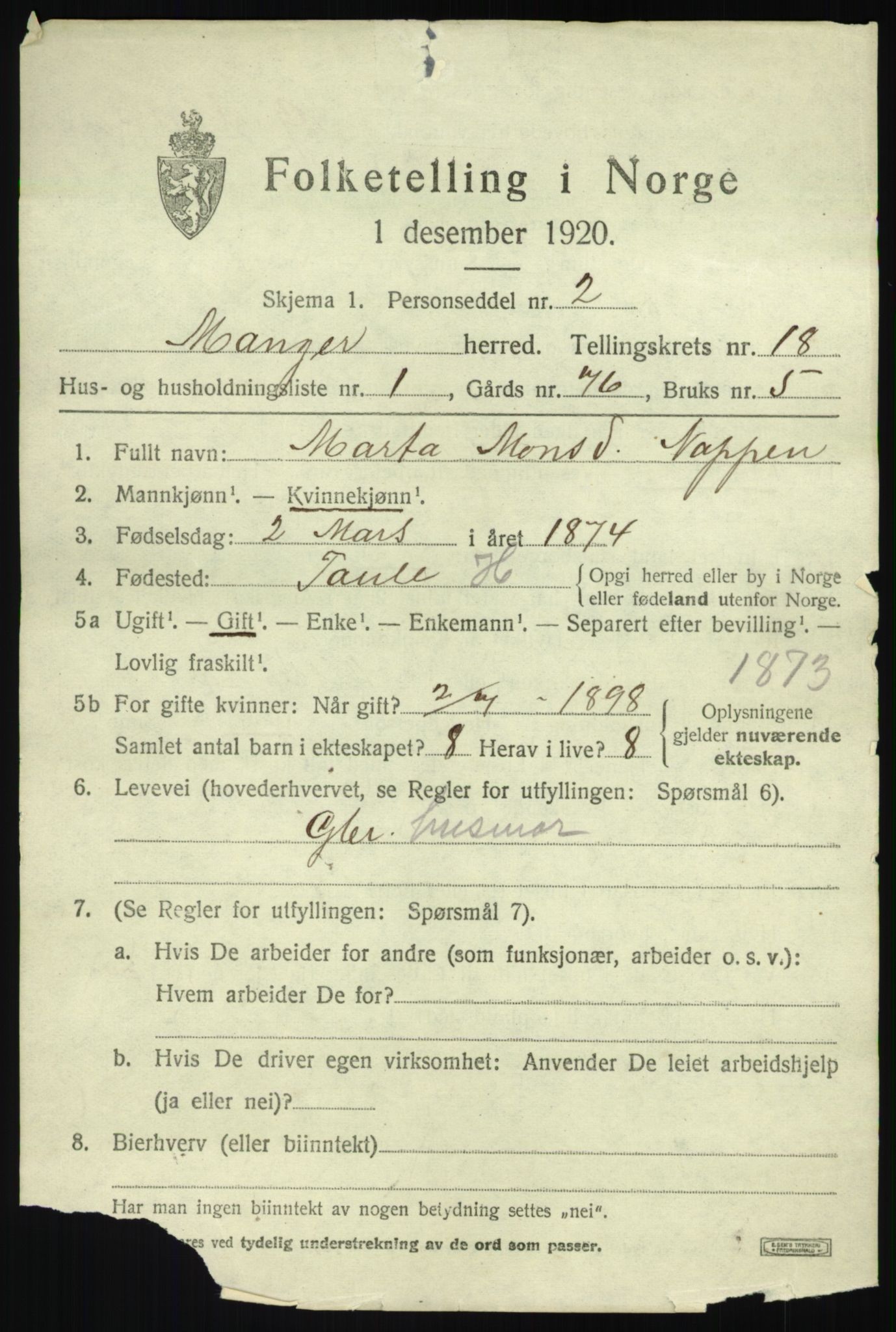 SAB, 1920 census for Manger, 1920, p. 10110