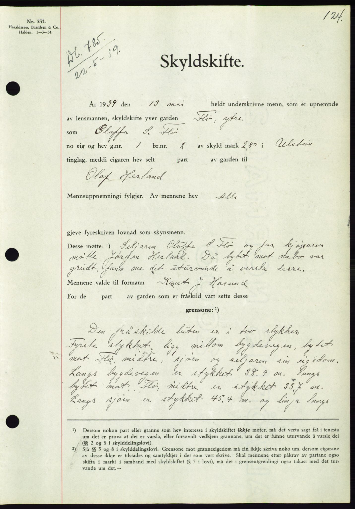 Søre Sunnmøre sorenskriveri, AV/SAT-A-4122/1/2/2C/L0068: Mortgage book no. 62, 1939-1939, Diary no: : 785/1939