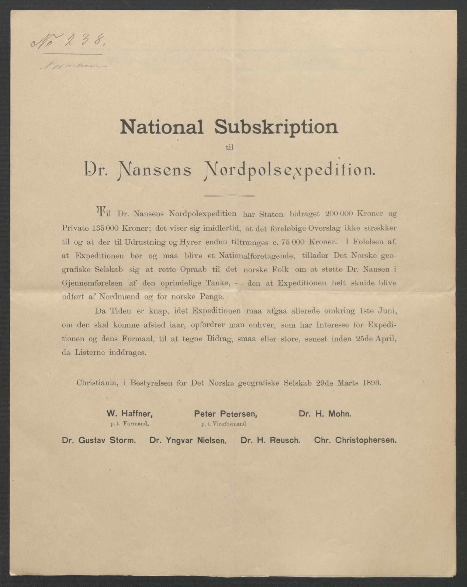 Arbeidskomitéen for Fridtjof Nansens polarekspedisjon, AV/RA-PA-0061/D/L0001/0004: Pengeinnsamlingen / Bidragslister med følgebrev, 1893, p. 21