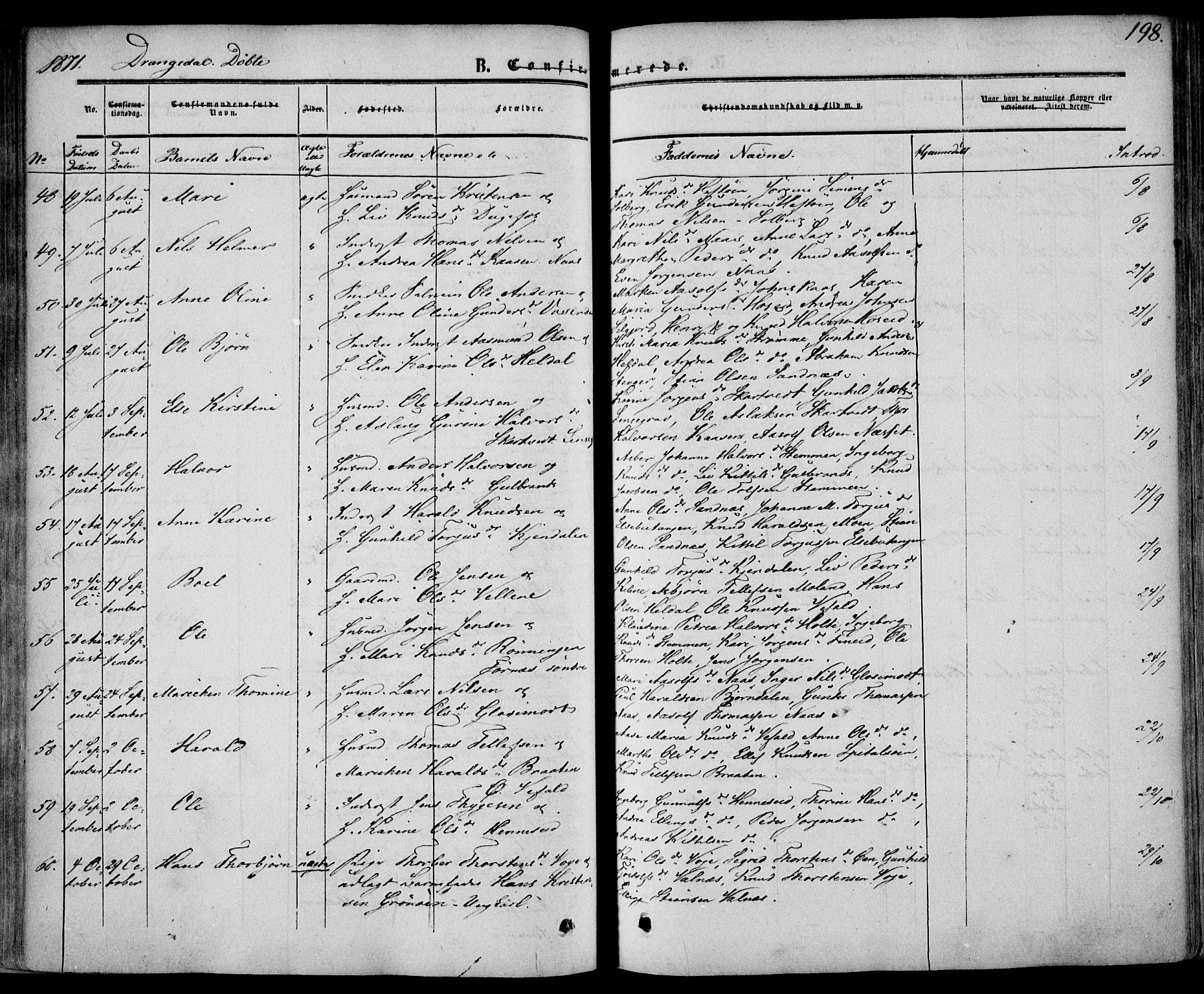 Drangedal kirkebøker, AV/SAKO-A-258/F/Fa/L0008: Parish register (official) no. 8, 1857-1871, p. 198